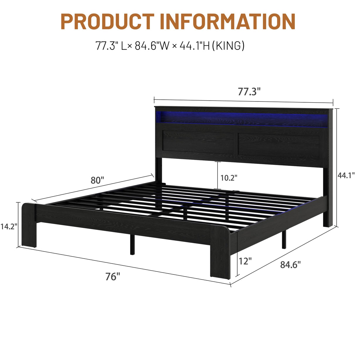madeslves Wooden Bed Frame King Size with Storage Headboard, Rustic Platform Bedframe with LED Lights & Charging Station, Sturdy Metal Slats Support, Noise-Free, No Box Spring Needed, Black madeslves