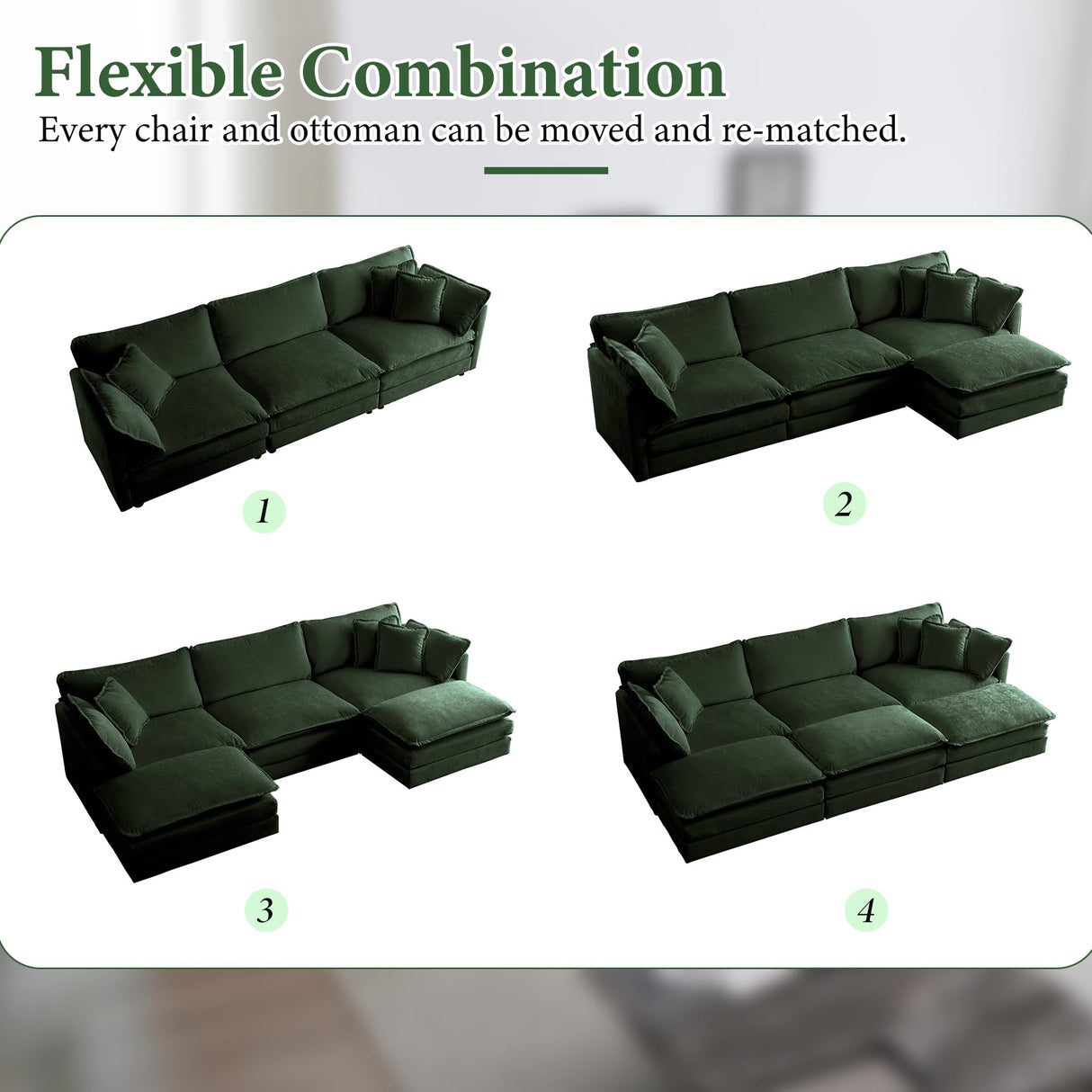 111.42" Deep Seat Sectional Cloud Sofa Sleeper with 3 Ottomans & Soft Pillows, 6 Seat Modular Couch Bed for Living Room, Apartment, Dark Green Chenille Tmsan