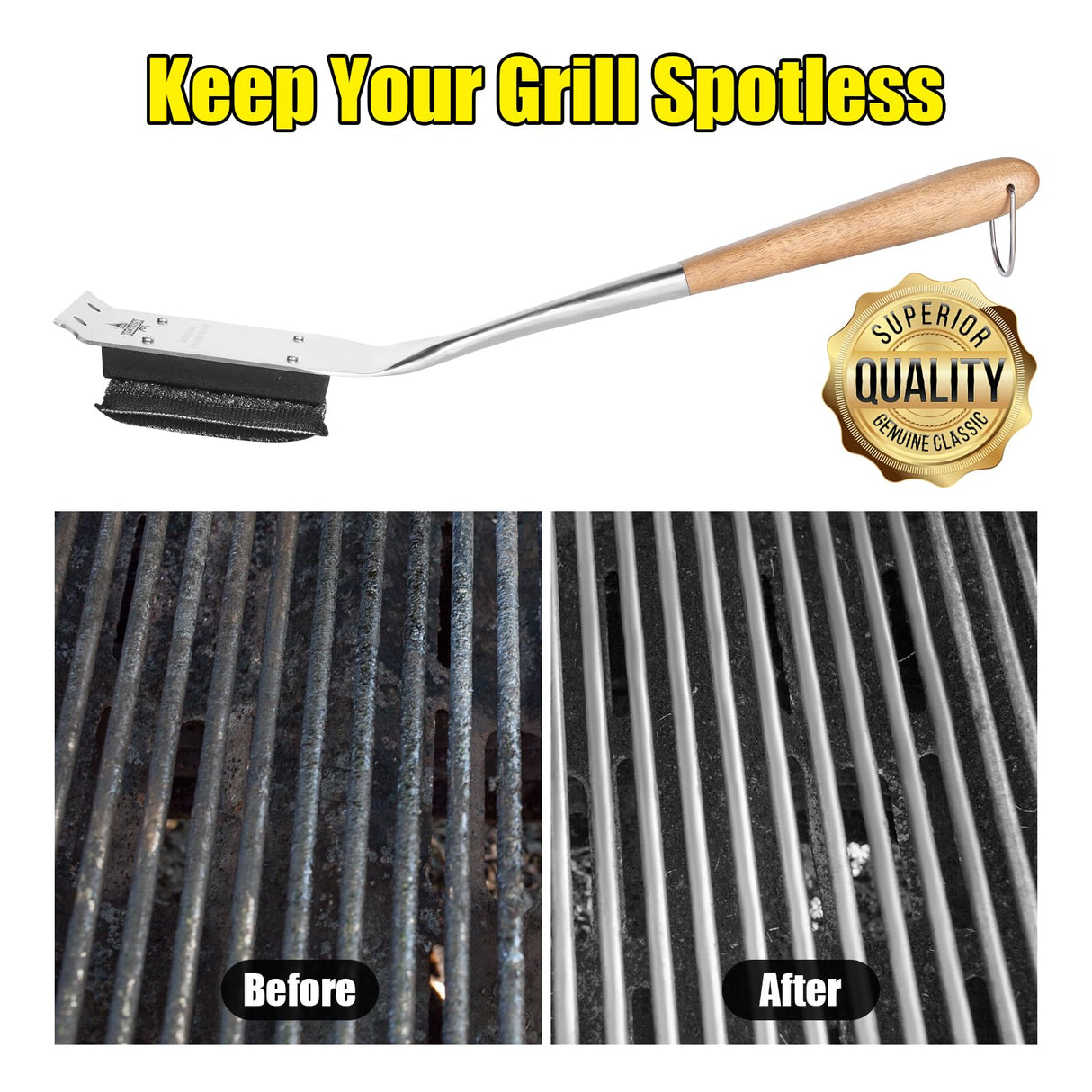 XUDAKAIXIN 18” Extra Strong Steel Fibers Steam Grill Brush-Bristle Free,Water-Activated Design Perfect for Any Grill - with Strong Stainless Steel Wooden Handle,Safe Grill Brush for Outdoor Grill XUDAKAIXIN
