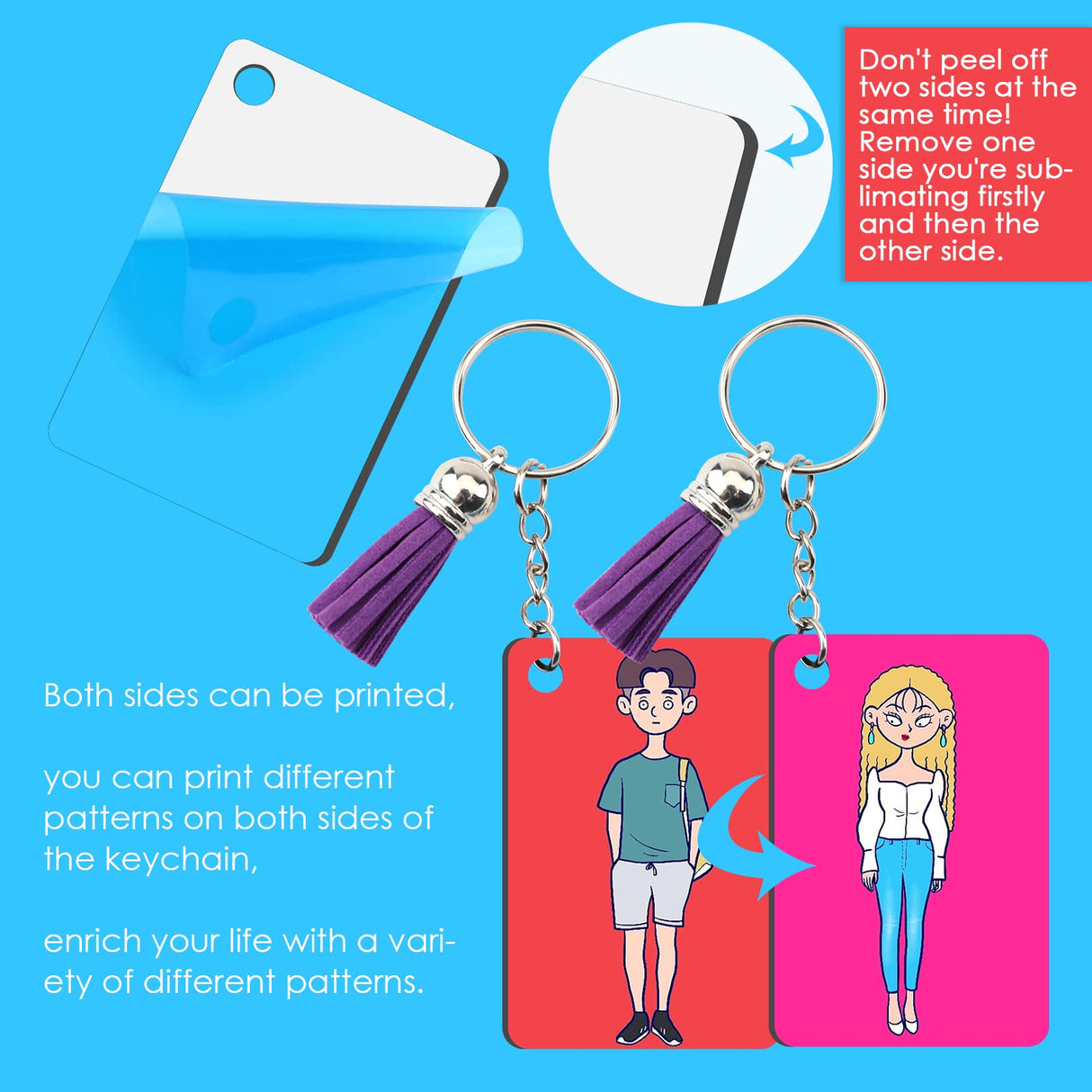 HTVRONT Sublimation Keychain Blanks Bulk - 120Pcs Sublimation Blanks Keychain with Blue Protective Film - MDF Rectangle Keychain with Tassels - Heat Transfer Keychain Blanks Double Sided HTVRONT