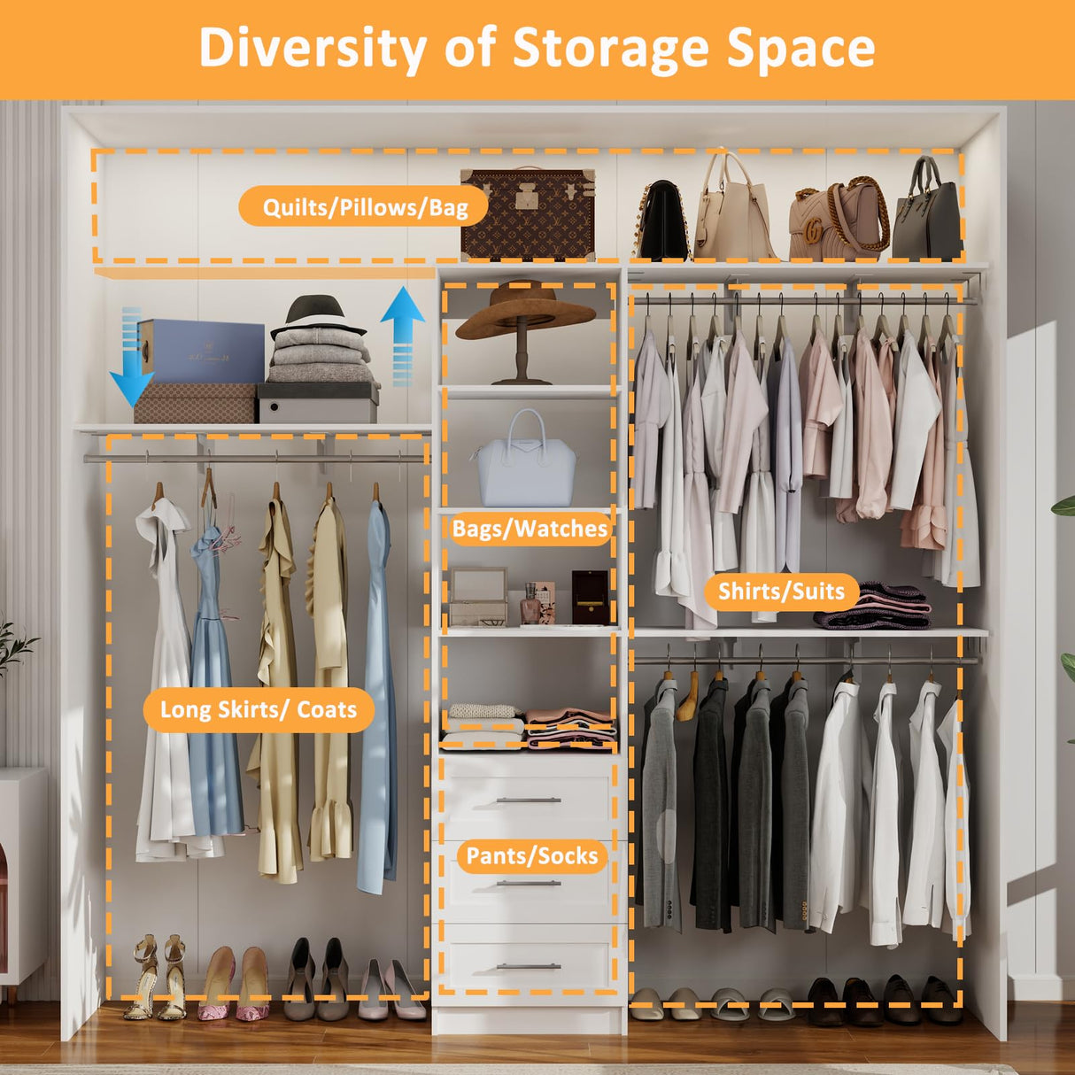 secilix Closet System with Drawers, 5-8FT Closet Organizer Systems with Expandable Hanging Rods, 96" Closet Shelving Systems for Walk in Closets, Heavy Duty Wall Mount Closet Systems-White secilix