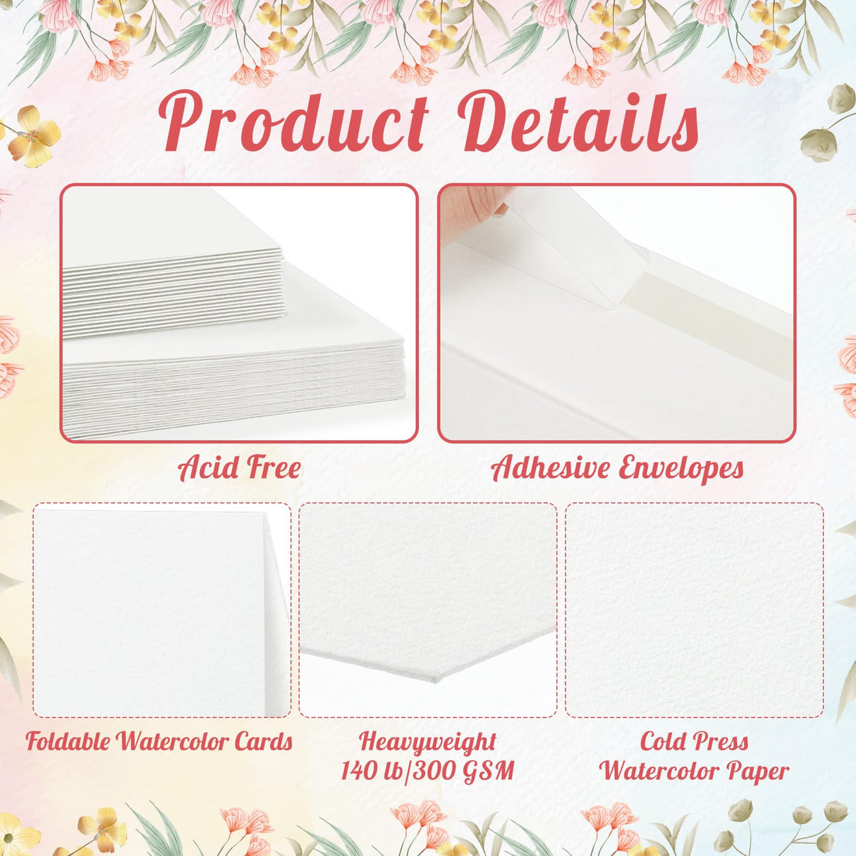 Prudiut 20 Sets Watercolor Cards with Envelopes, 140 lb/300 GSM Watercolor Paper Cards, 4x6 Inch Foldable Blank Cards and Envelopes for Greeting Card, Wedding Invitations, Thank You Card Prudiut
