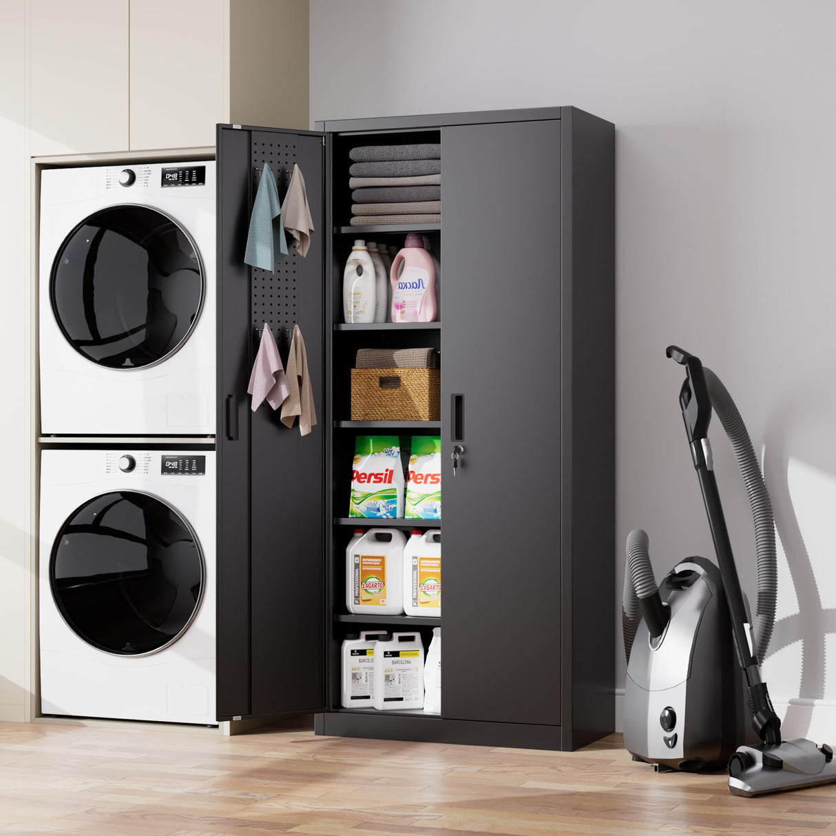 Aobabo 71" H×32" W×16" D Metal Storage Cabinet with 5 Adjustable Shelves, Locking Garage Storage Cabinet with Pegboards and 4 Hooks for Garage, Office, Black, Assembly Required Aobabo