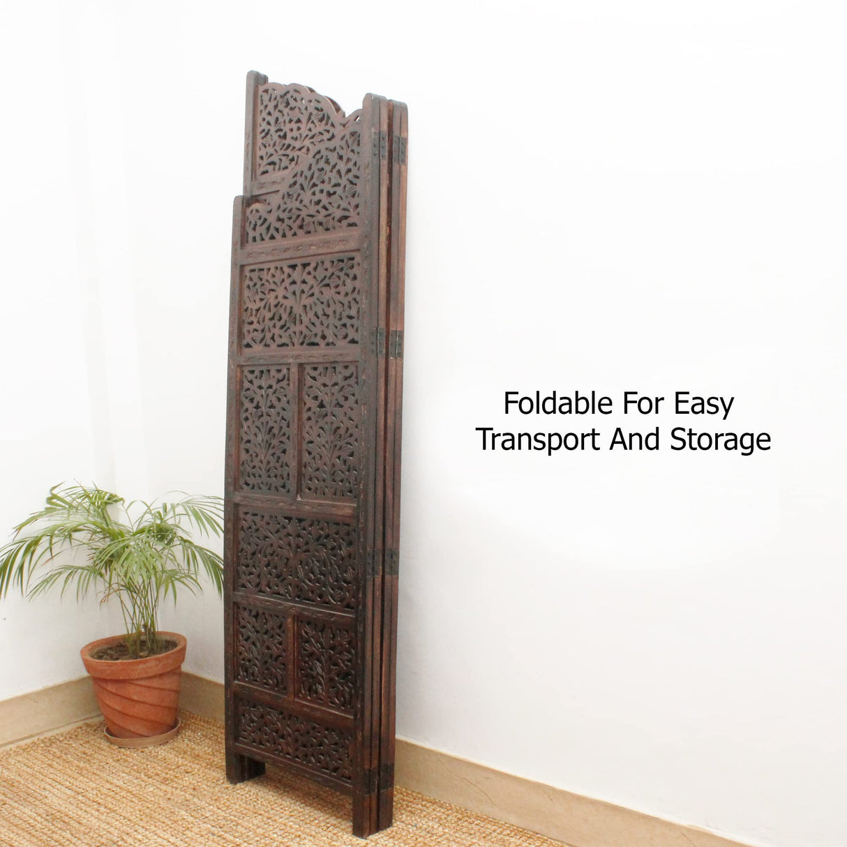 Room Divider Wood Screen - Mahanadi Antique Brown - 4 Panel Folding 72x80 - Wooden Hand Carved Screen Decorative Functional Versatile - Small Spaces Reversible Privacy Partition - COTTON CRAFT COTTON CRAFT