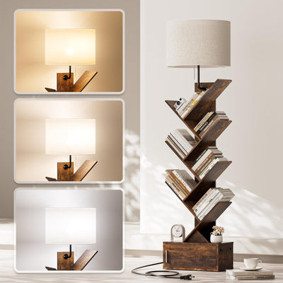Tree Bookshelf with Light, 6 Tier Narrow Bookcase with Storage Cabinet, Tall Corner Book Shelf for Small Spaces, Vertical Floor Standing Organizer for Bedroom Living Room Home Office, Rustic Brown