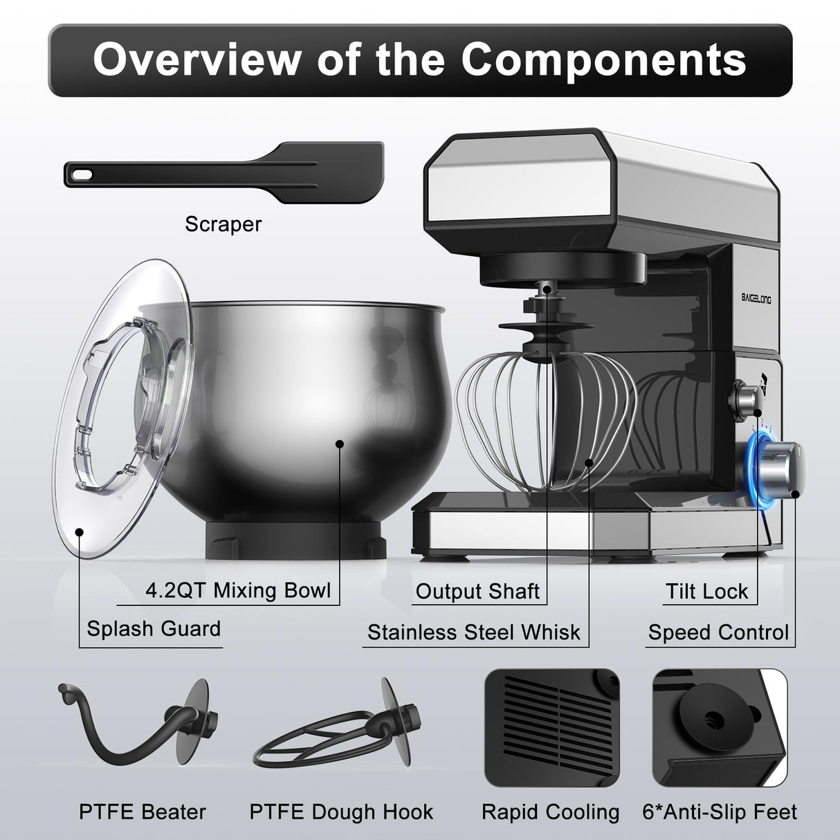 BAIGELONG 6+P Speeds Stand Mixer, 4.2QT Small Food Mixer with Stainless Steel Bowl, Dough Hook, Beater, Whisk & Scraper, Electric Kitchen Mixer Dough Mixer for Baking, Most Home Cooks, Silver BAIGELONG