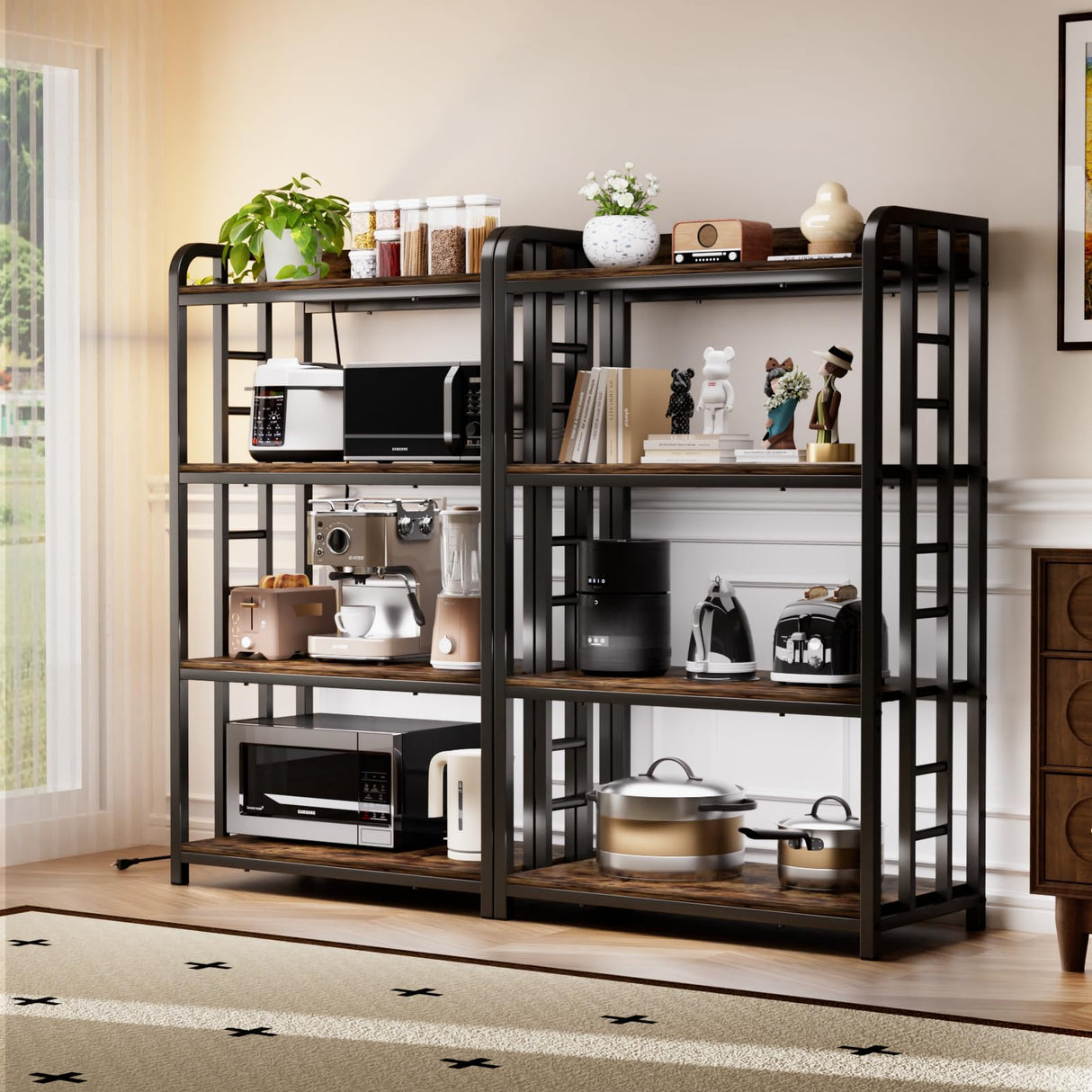 TIFFLOI 4-Tier Rustic Brown Bakers Rack, Black Frame, Top Power Outlet, 70lbs/Shelf, 2 Adjustable Shelves, Small Kitchen & Coffee Bar TIFFLOI