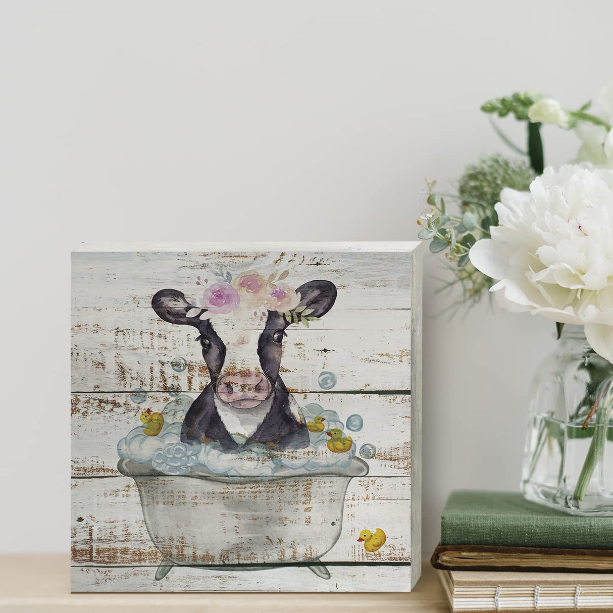 Funny Farmhouse Bathroom Wooden Box Sign Desk Decor Cow Wood Block Plaque Box Signs Farmhouse Box Sign for Home Bathroom Shelf Table Decoration (5 X 5 Inch) POPIPU ART