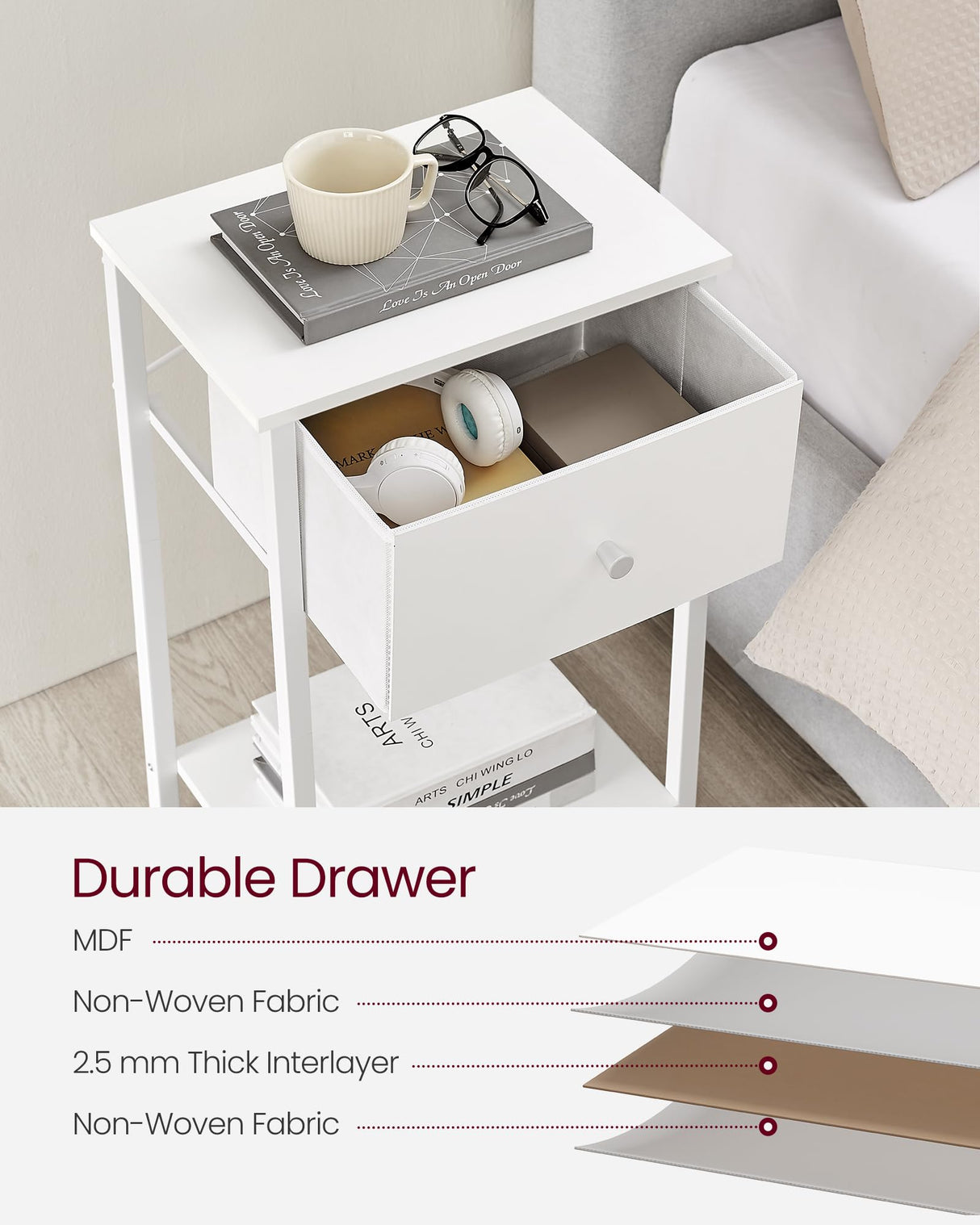 VASAGLE Nightstands, Set of 2 Side Tables with Fabric Drawer, 24-Inch Tall End Tables with Storage Shelf, Bedroom, White ULGS221W14 VASAGLE