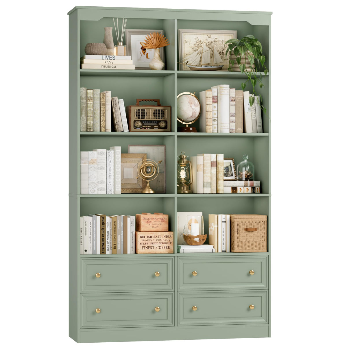 FINETONES 71" Tall Bookshelf with 4 Drawers, 6-Tier Double Wide Bookshelves and Bookcases with Storage, Green Bookshelf Large Open Bookshelves Standing Book Cabinet for Home Office FINETONES
