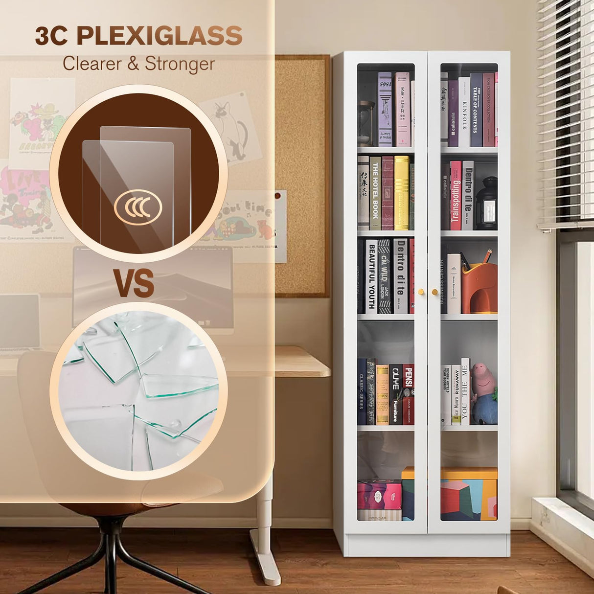 Alvisyd 5 Tier Metal Curio Cabinets, Modern Bookshelf Cabinet with 4 Adjustable Shelves, Cabinet Display Case for Home Office, Living Room, Pantry (White-23.54W) Alvisyd