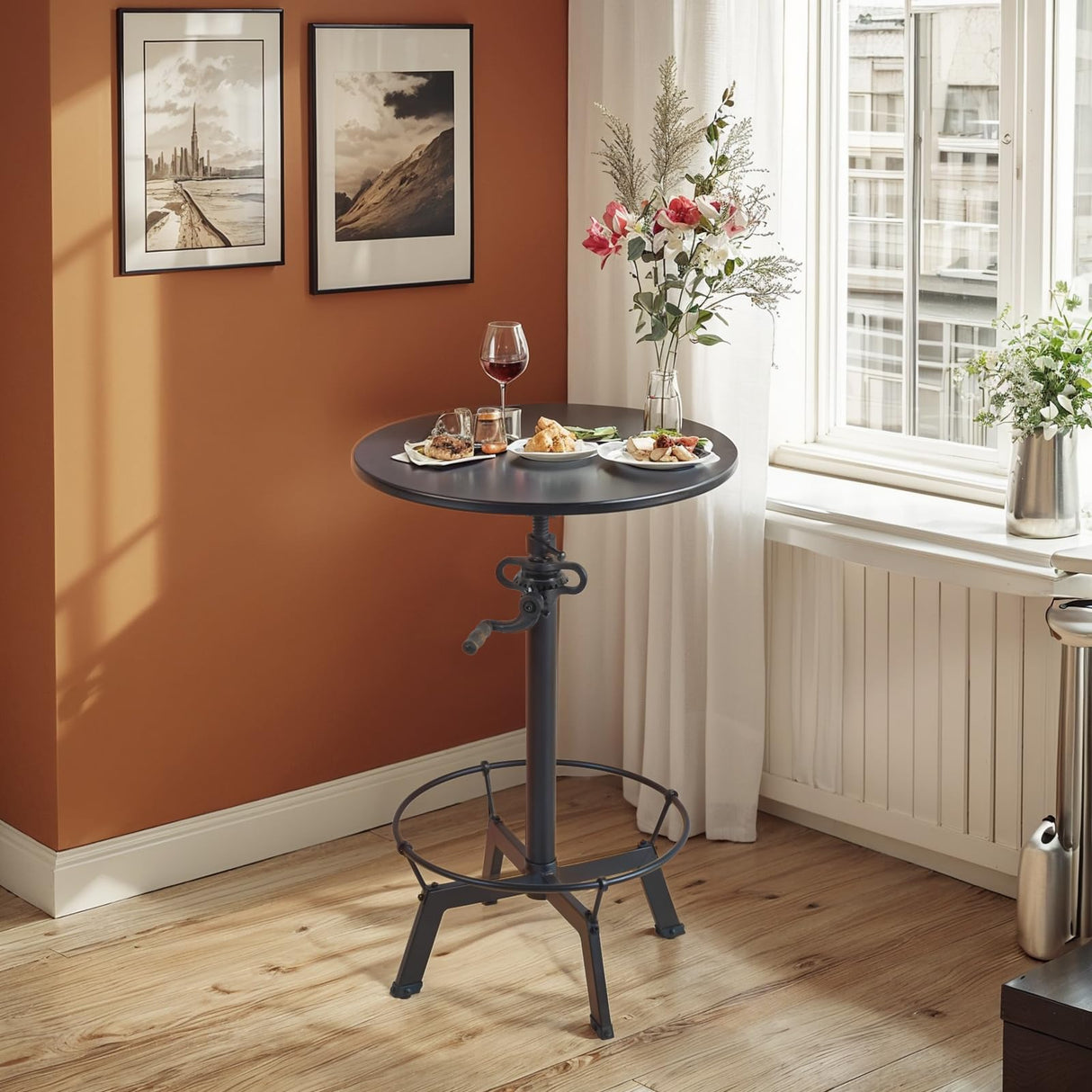 LOKKHAN Industrial Bar Table-33.5-39.4 Inch Tall-Adjustable Bar Height Pub Table-23.7 Inch Swivel Round Metal Top-Easily Adjusts by Crank Handle, Black LOKKHAN