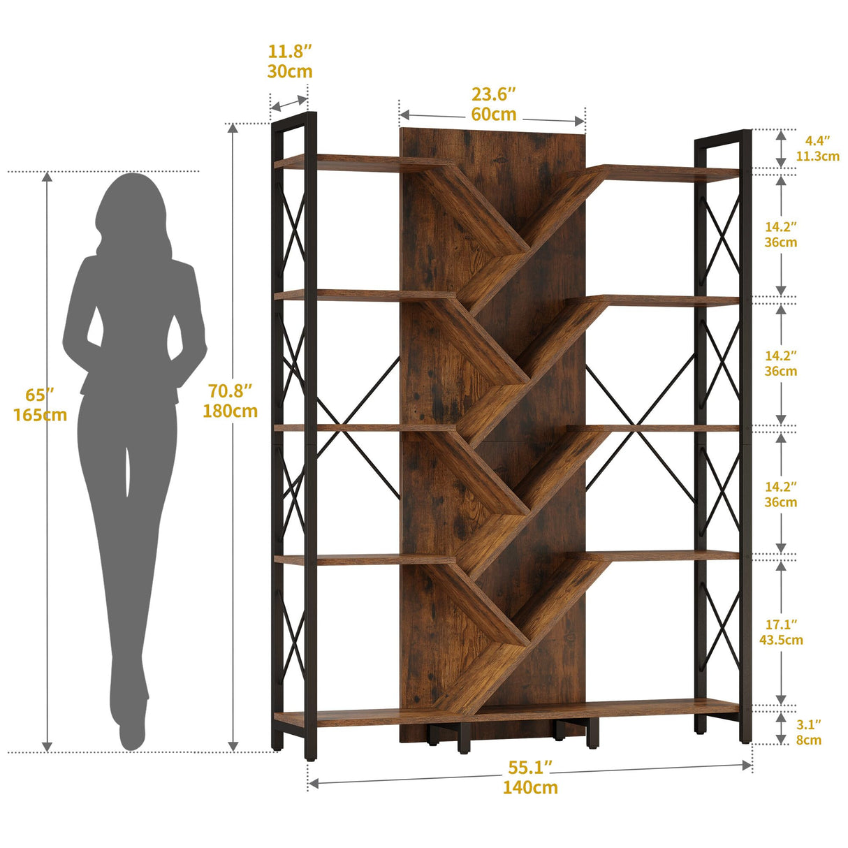 DWVO Industrial Tree Bookshelf, Large 5 Tier Bookcase Tall Standing Book Shelves Organizer Display Rack for Living Room Home Office, Rustic Brown DWVO