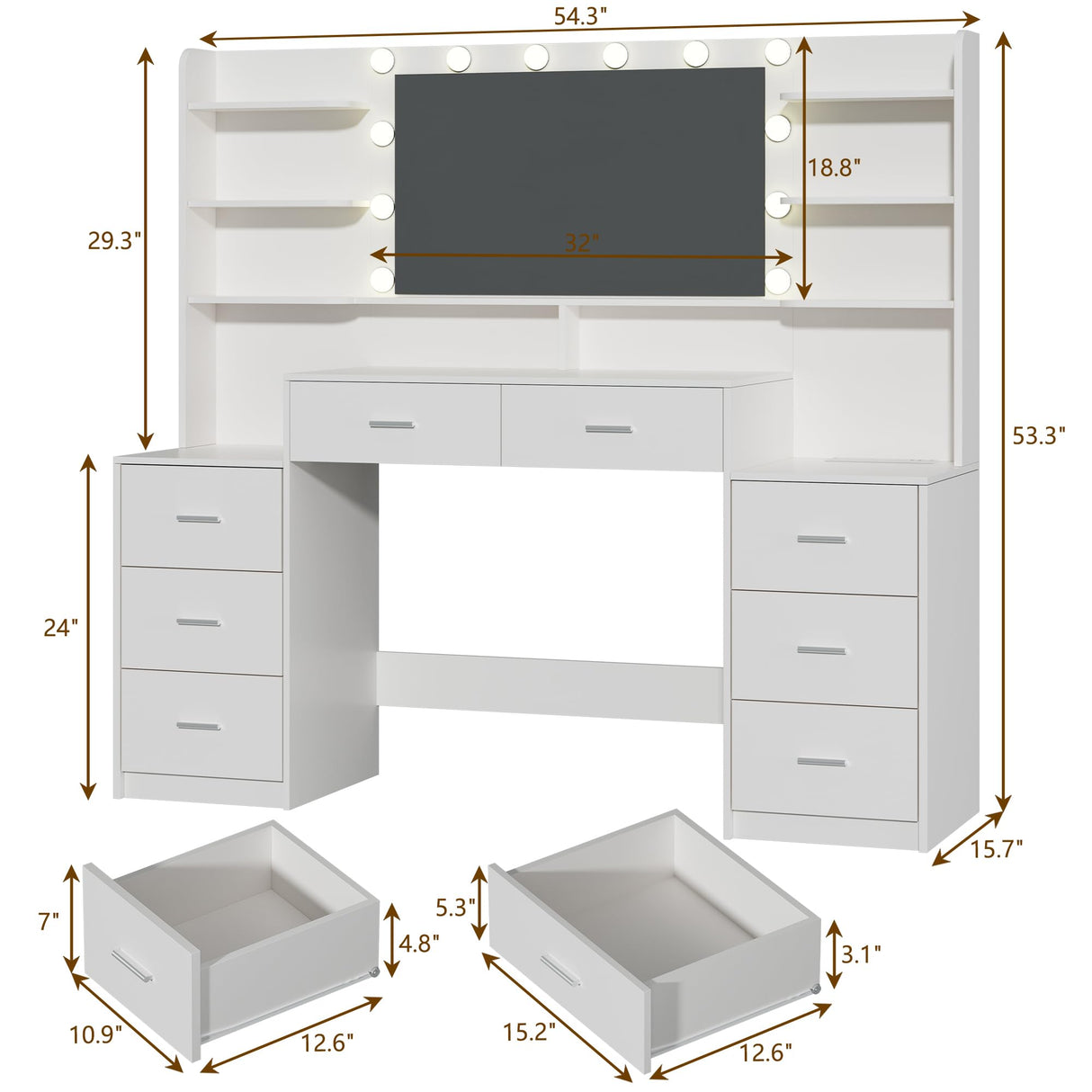 HUAHUU Large Vanity Desk with Mirror & Lights, White Makeup Vanity with 8 Drawers & 6 Storage Shelves, Vanity Set with LED Lights and Power Outlet, 3 Lighting Modes, Adjustable Brightness HUAHUU