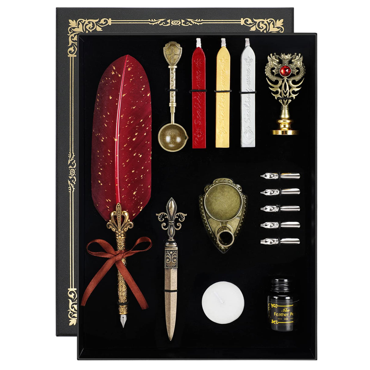 Karhood Quill Pen and Ink Set - Feather Calligraphy Dip Pen with Wax Seal Stamp Kit and 5 Nibs (Red) Karhood