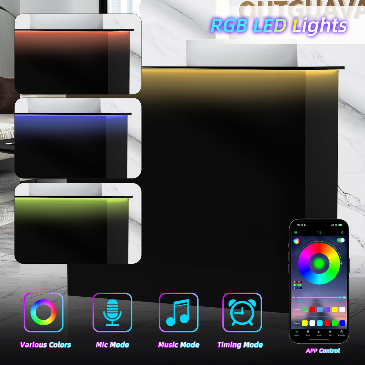 OUTGUAVA Modern Front Desk & Reception Desk with LED Lighting, 50-inch Retail Counter with Power Socket, DIY Stripe for Checkout, Lobby, Salon, Offices - Black OUTGUAVA