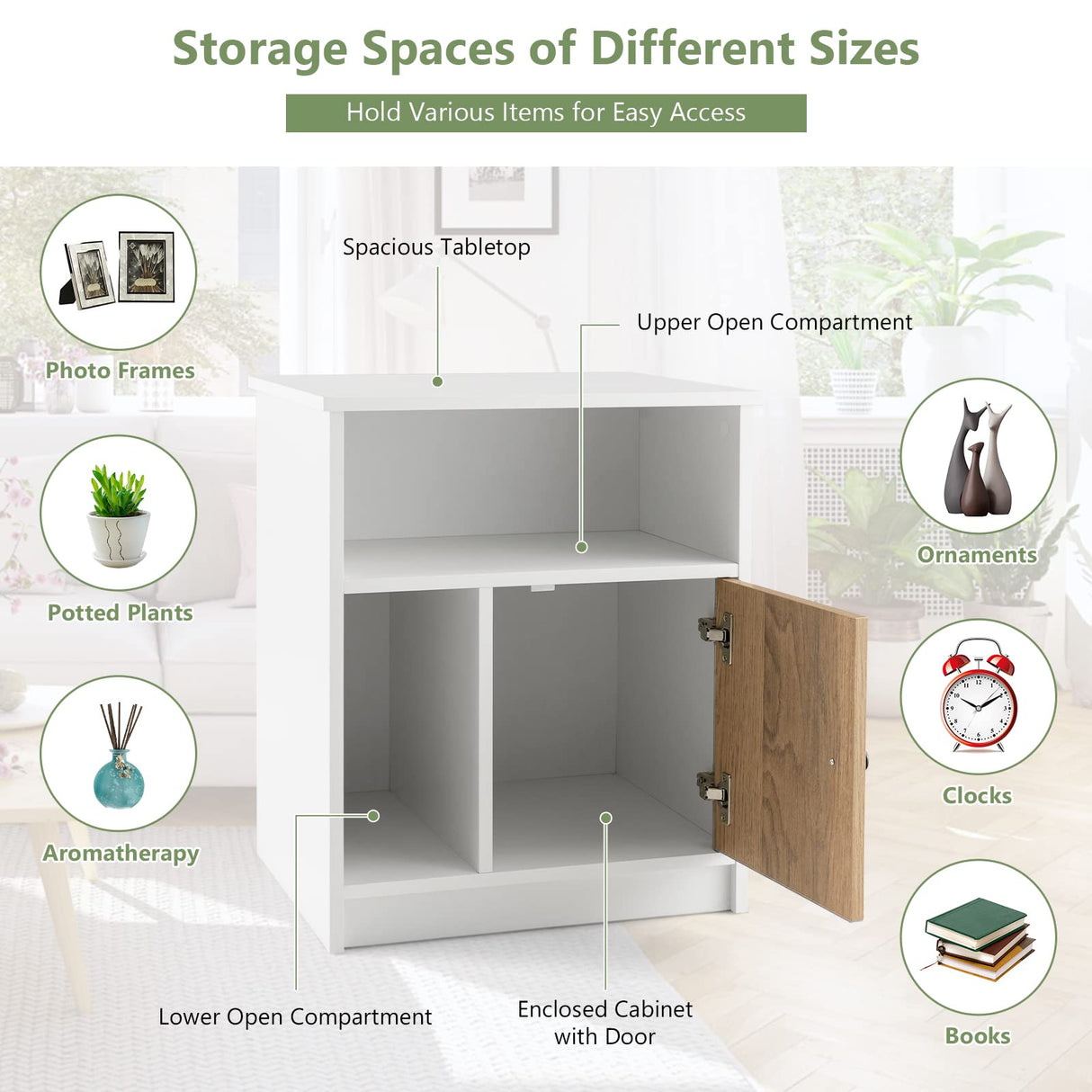 Tangkula Nightstand Set of 2, Wooden Sofa Side End Table with Bamboo Door & Open Compartments, Multifunctional 3 Tier Bedside Table for Bedroom, Accent Table with Storage (2, White) Tangkula