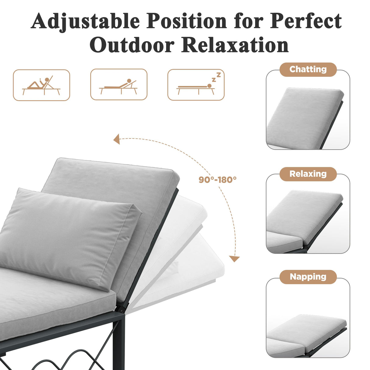 AECOJOY Outdoor Metal Chaise Lounge Chair, Convertible Patio Armchair with Cushions, Adjustable 5-Position Sun Recliner with Full Flat Tanning Function for Outside, Pool, 1 Pack AECOJOY