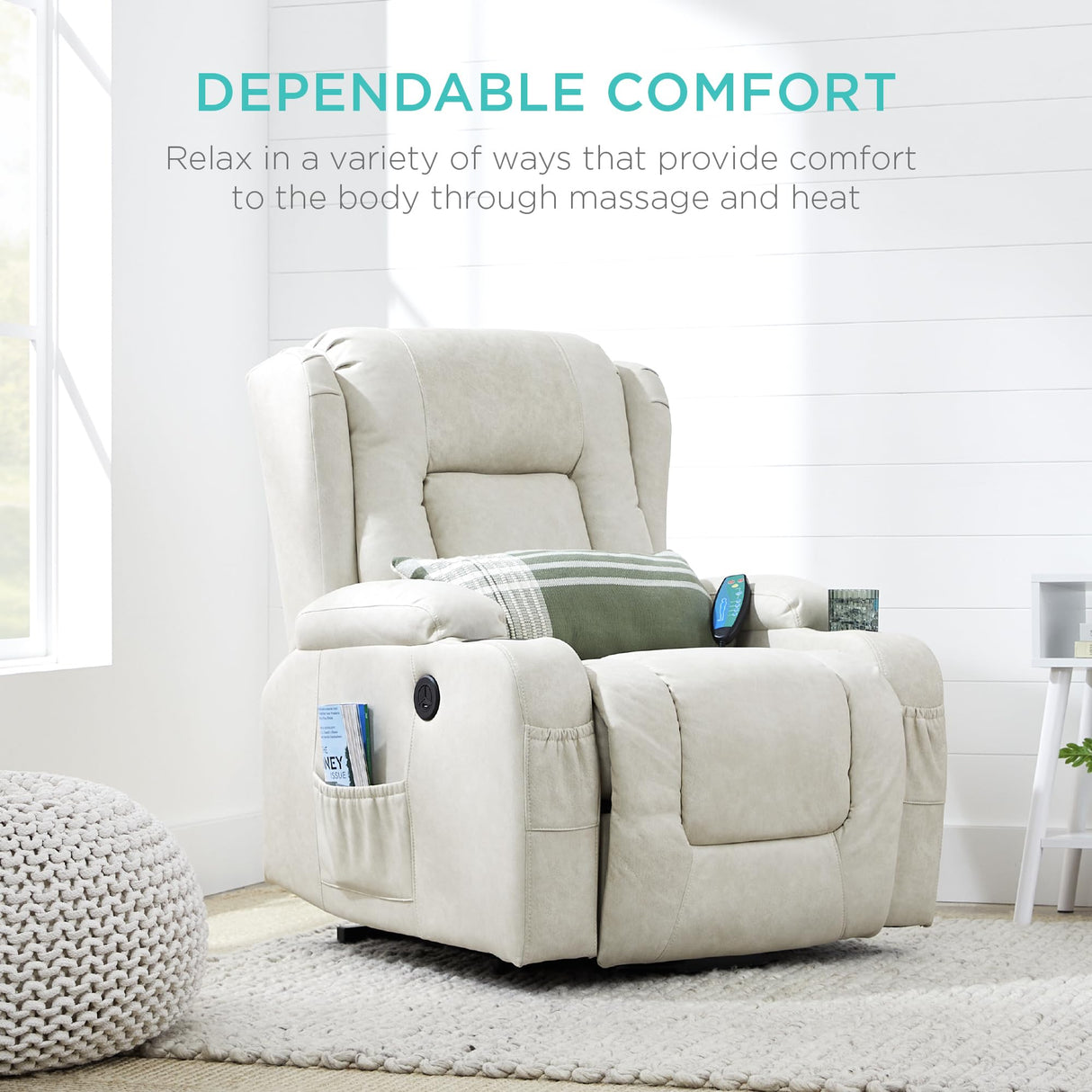 Best Choice Products PU Leather Electric Power Lift Chair, Recliner Massage Chair, Adjustable Furniture for Back, Legs w/ 3 Positions, USB Port, Heat, Cupholders, Easy-to-Reach Side Button - Beige Best Choice Products