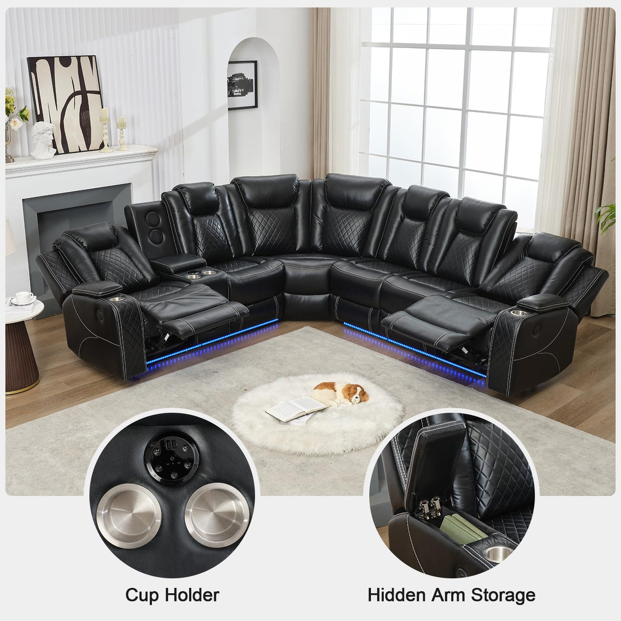 Power Recliner Sectional Sofa with Bass Speaker,Wireless Charger,Electric Reclining Sectional Sofa with 2 Faux Leather Recliner,LED Strip,Reading Light,Type-C USB Port,Cup Holder,Storage Console Black Comfort Stretch