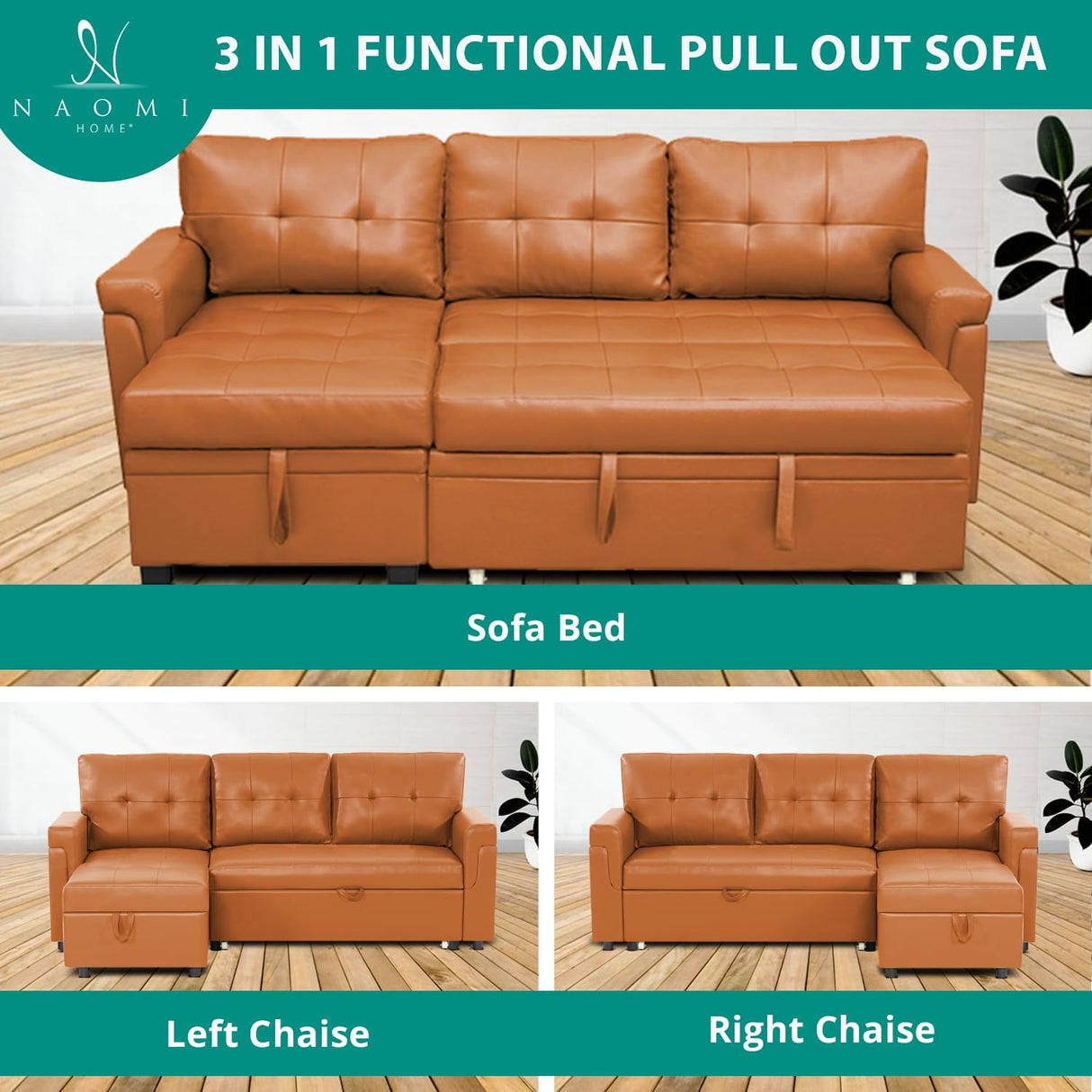 Naomi Home Jenny Sectional Sofa Sleeper with Storage Chaise, Tufted Pull Out Couch with Storage, Sectional Bed, L-Shaped Reversible Sleeper Sofa, Caramel,Air Leather Naomi Home