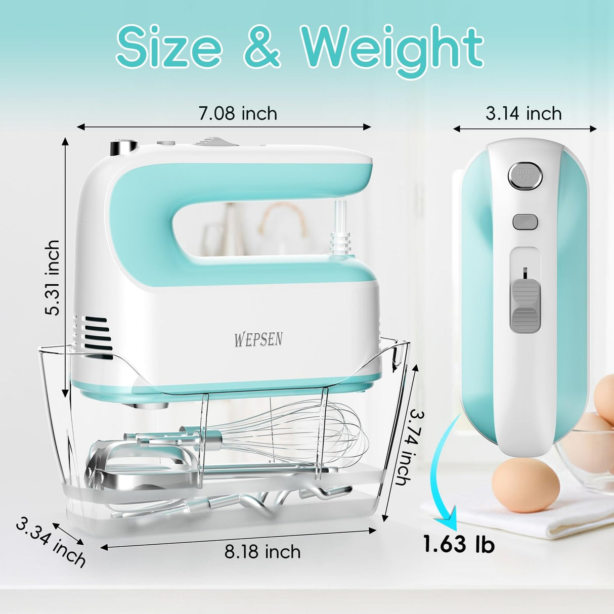 Hand Mixer Electric Handheld, 5-Speed Handheld Mixer, 380W Electric Mixer with Stainless Steel Whisk Beater Attachments, Snap-On Storage Case, Measuring Cups, Kitchen Cake Mixers for Baking Supplies WEPSEN