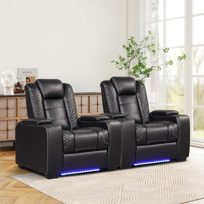 ANJ Power Home Theater Seating Set of 2, PU Leather Electric Recliner Chair with Powered Headrest, Dual Motors Movie Reclining Chairs with LED Lights,USB Port, Cup Holders, Hidden Arm Storage (Black)