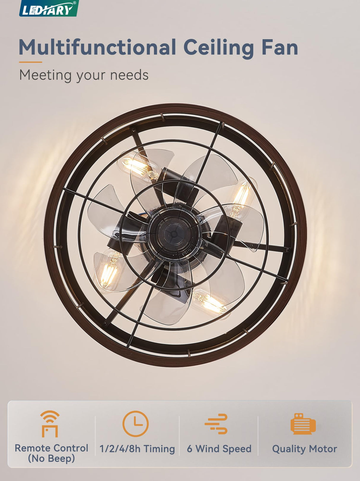LEDIARY 16.5in Caged Ceiling Fan with Light, Bladeless Industrial Ceiling Fan with Remote, Rustic Metal Fan Lights Ceiling Fixtures for Kitchen, Farmhouse, Bedroom(6 Speed,1/2/4/8h Timing)-Walnut LEDIARY