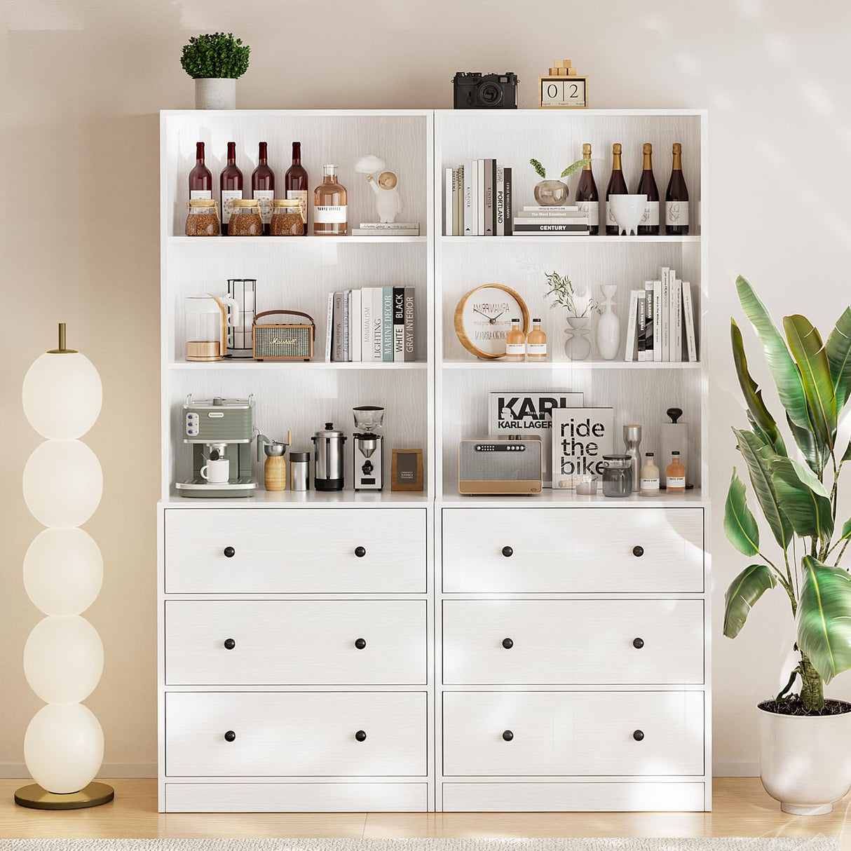 TUSY 4-Piece Large TV Stand with Bookshelves for TVs up to 75", TV Entertainment Center Media Center with Tempered Glass Doors and Shelves, TV Hutch for Living Room White (2A+2C) TUSY