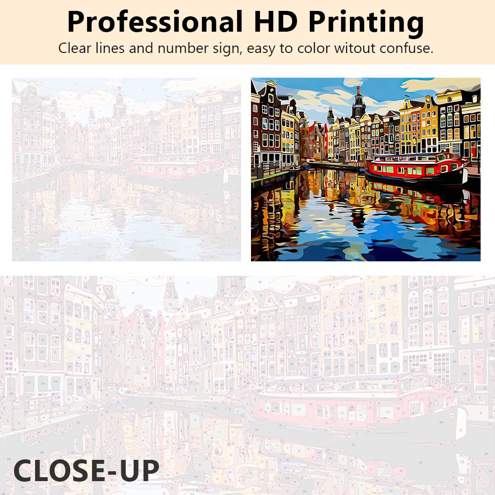 Paint by Numbers Kit for Adults Amsterdam Canal Houses Landscape Painting with Spring Trees DIY Art Set Includes 16x20 Inch Canvas Acrylic Paints and Brushes European Cityscape Gift Idea TUMOVO