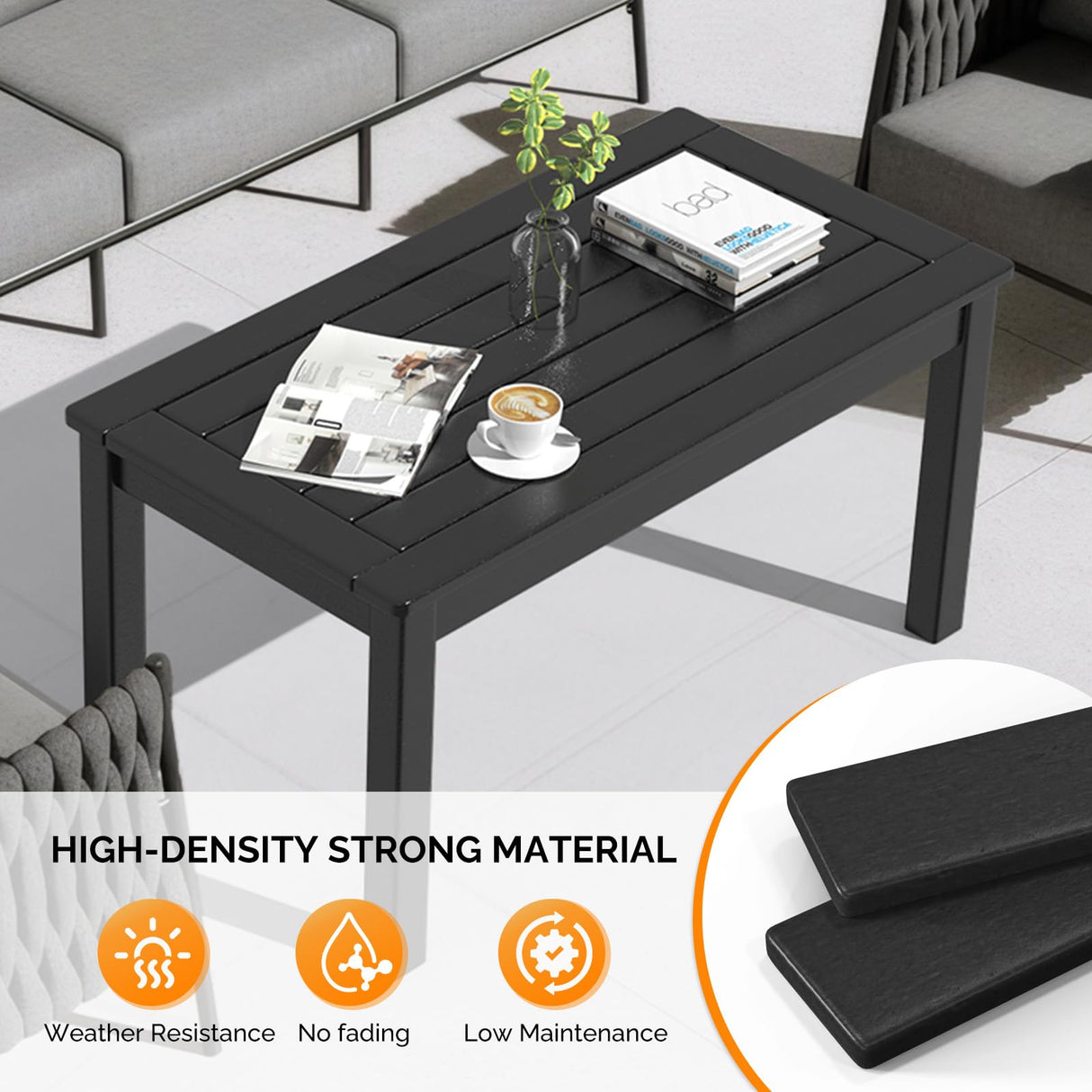 VINGLI Outdoor Coffee Table, HDPE Patio Coffee Table for Outside, All-Weather Rectangle Coffee Table for Deck, Garden, Balcony, Porch, Indoor & Outdoor Use (Black) VINGLI