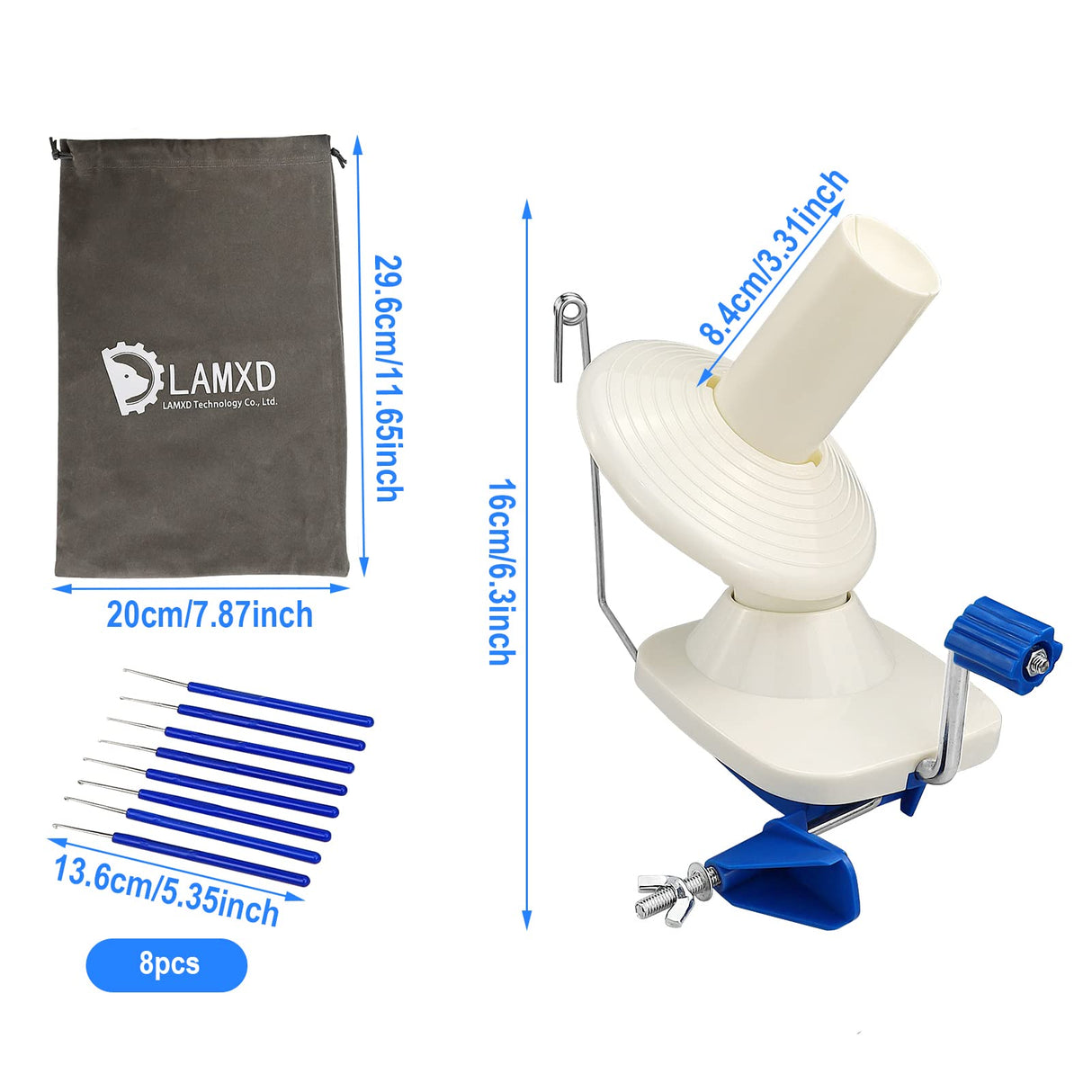LAMXD Needlecraft Yarn Ball Winder Hand Operated,Capacity 4-Ounce,Blue,Portable Package,Easy to Set Up and Use,Sturdy with Metal Handle and Tabletop Clamp,Including 8 Sizes Crochet Hooks Set LAMXD