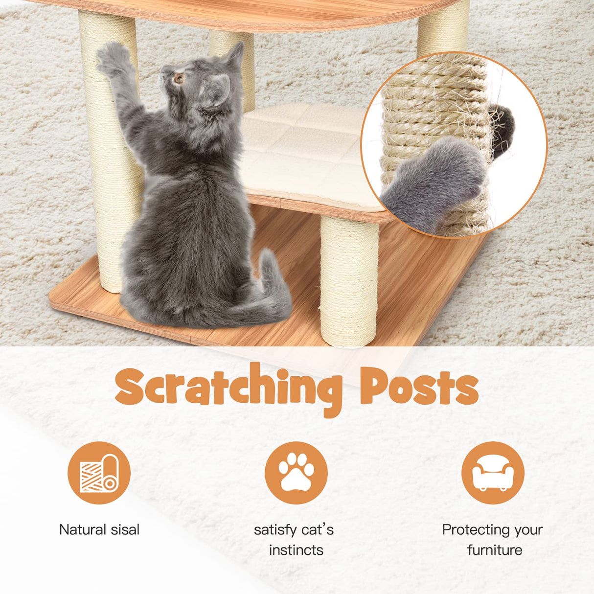 PETSITE Tall Cat Tree for Indoor Cats, 69 Inches Multi-Level Modern Cat Tower with Plush Perch, Cozy Condo, Platforms, Sisal Scratching Posts, EVA Massage Comb & Removable Cushions (Natural) PETSITE