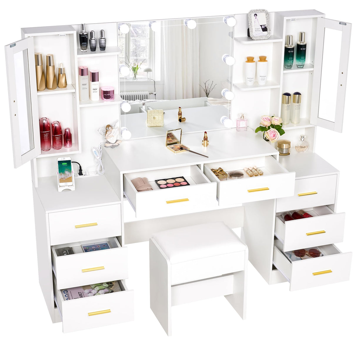 ANWBROAD 59.1" Large Vanity Desk Table with Mirror & Lights White Makeup Vanity with Power Outlet and 8 Drawers 2 Cabinets 3 Lighting Modes Adjustable Vanity Table for Bedroom Dressing Room UBDT67W ANWBROAD