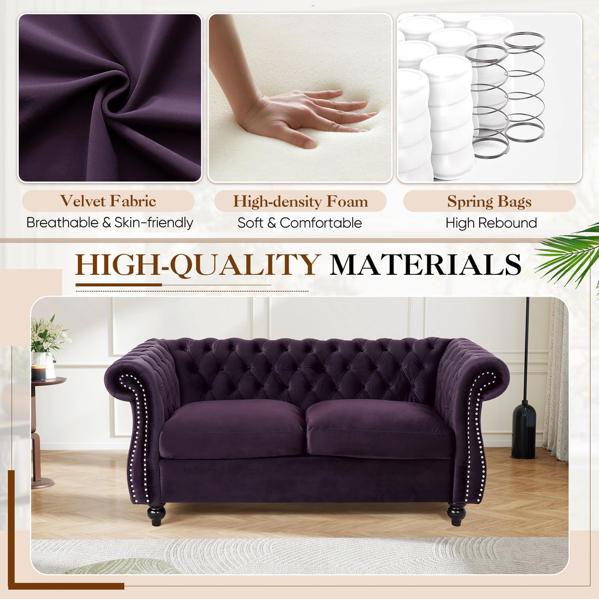 61"W Mid Century Modern Chesterfield Couch,Upholstered Velvet Loveseat Sofa with Button Tufted & Rolled Armrests,Comfy Deep Seat Sofa with Nailhead Trim & Gourd Legs for Living Room,Apartment(Purple) JEEOHEY