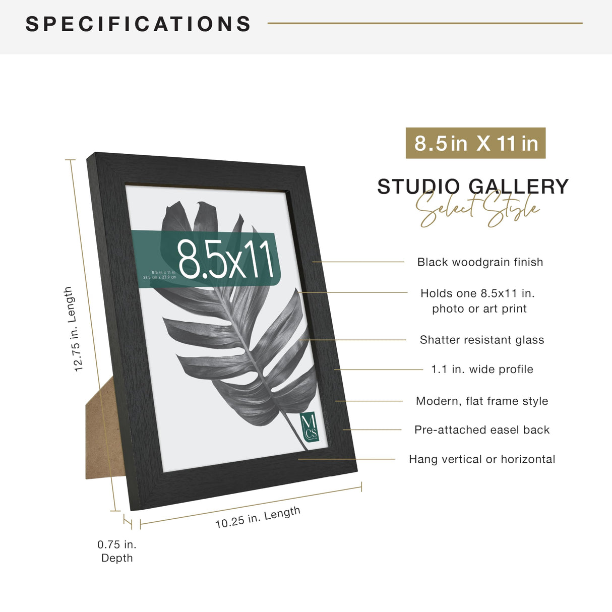 MCS Studio Gallery 8.5x11 Picture Frame Black Woodgrain Shatter Resistant Glass, Vertical & Horizontal Wall Hanging & Easel for Tabletop Display, Rectangle Photo Frame for Photos, Posters & Art Prints (1-Pack) MCS