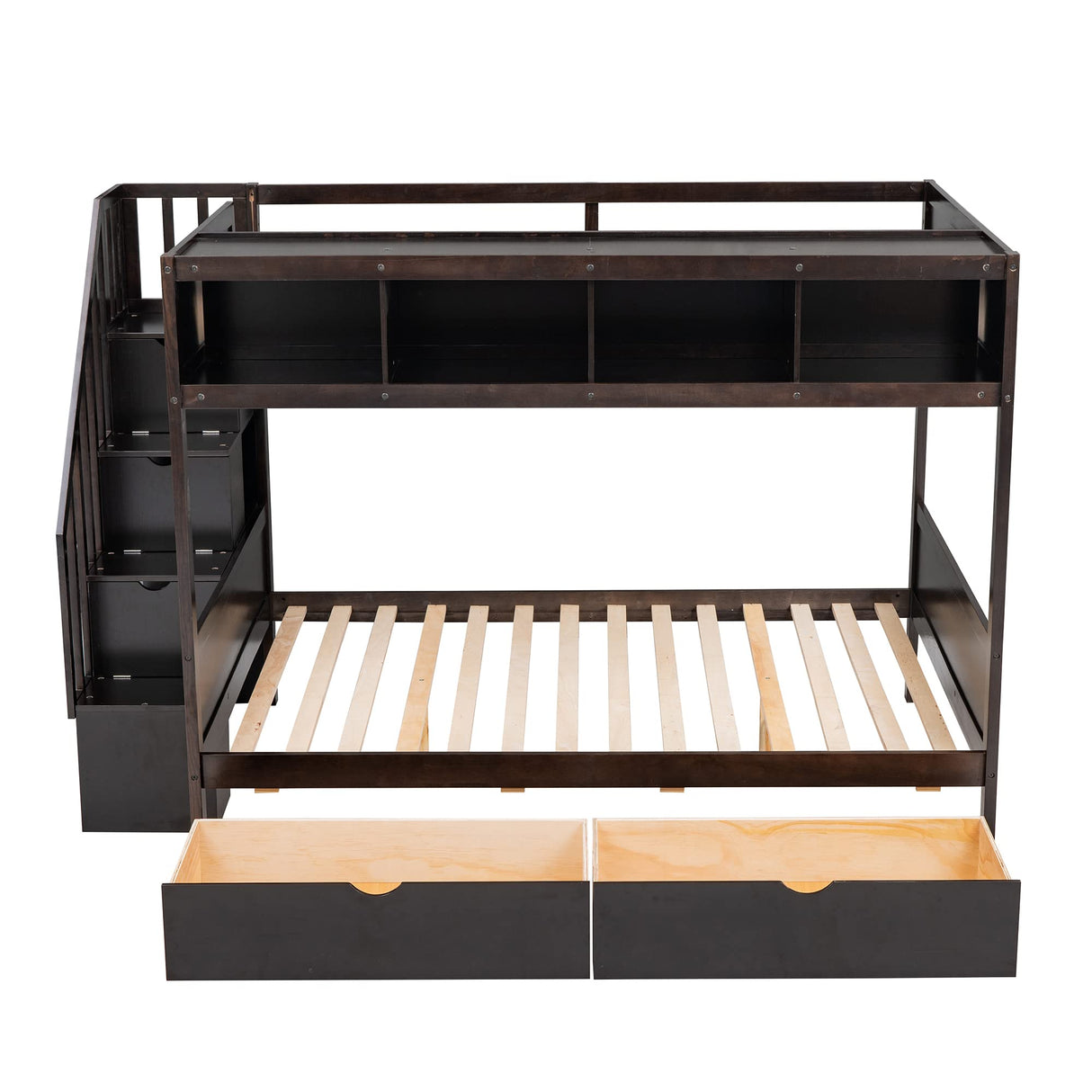Merax Twin Over Full Bunk Bed with Storage Drawers and Shelf, Bunk Beds Twin Over Full with Storage Staircase, Wood Slat Support, No Box Spring Needed, Espresso Merax