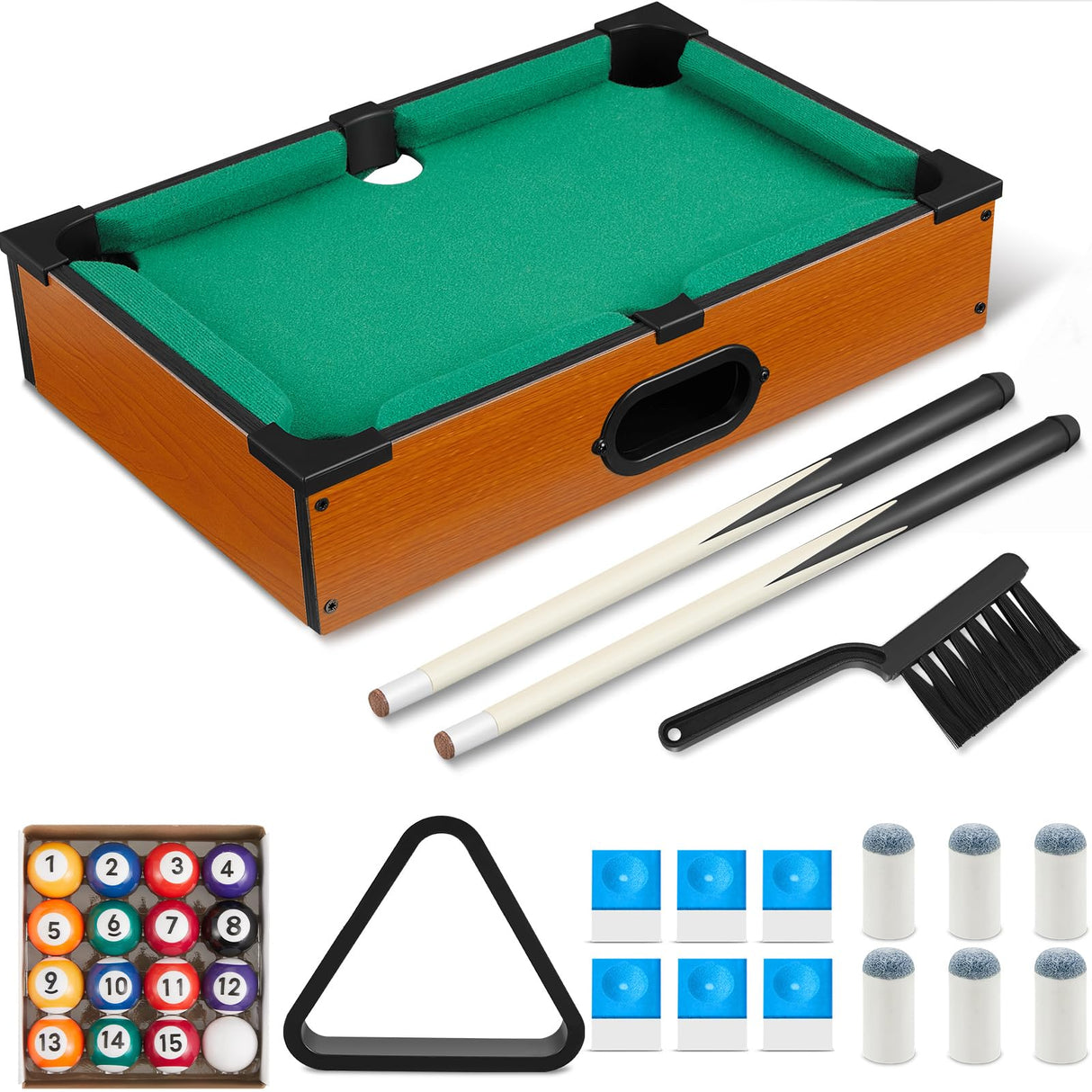 Shappy Mini Pool Table Set Pool Table for Cats Small Billiards Game with 16 Balls 2 Billiard Sticks 6 Chalk Cube 6 Pool Cue Tip 1 Brush 1 Triangle Tabletop Portable Billiard for Home Office Desk Cat Shappy