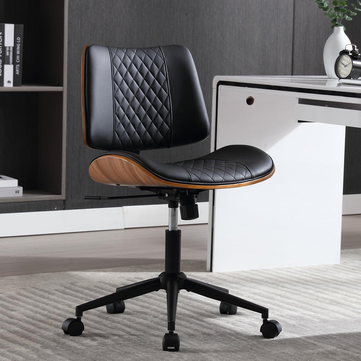 BERYTH Home Office Chair No Arms with Wheels, Adjustable Height Small Desk Chair, PU Leather Mid Back 360 Swivel Computer Chair, Armless Modern Walnut Chair for Office, Reading Meeting Room(Black) BERYTH