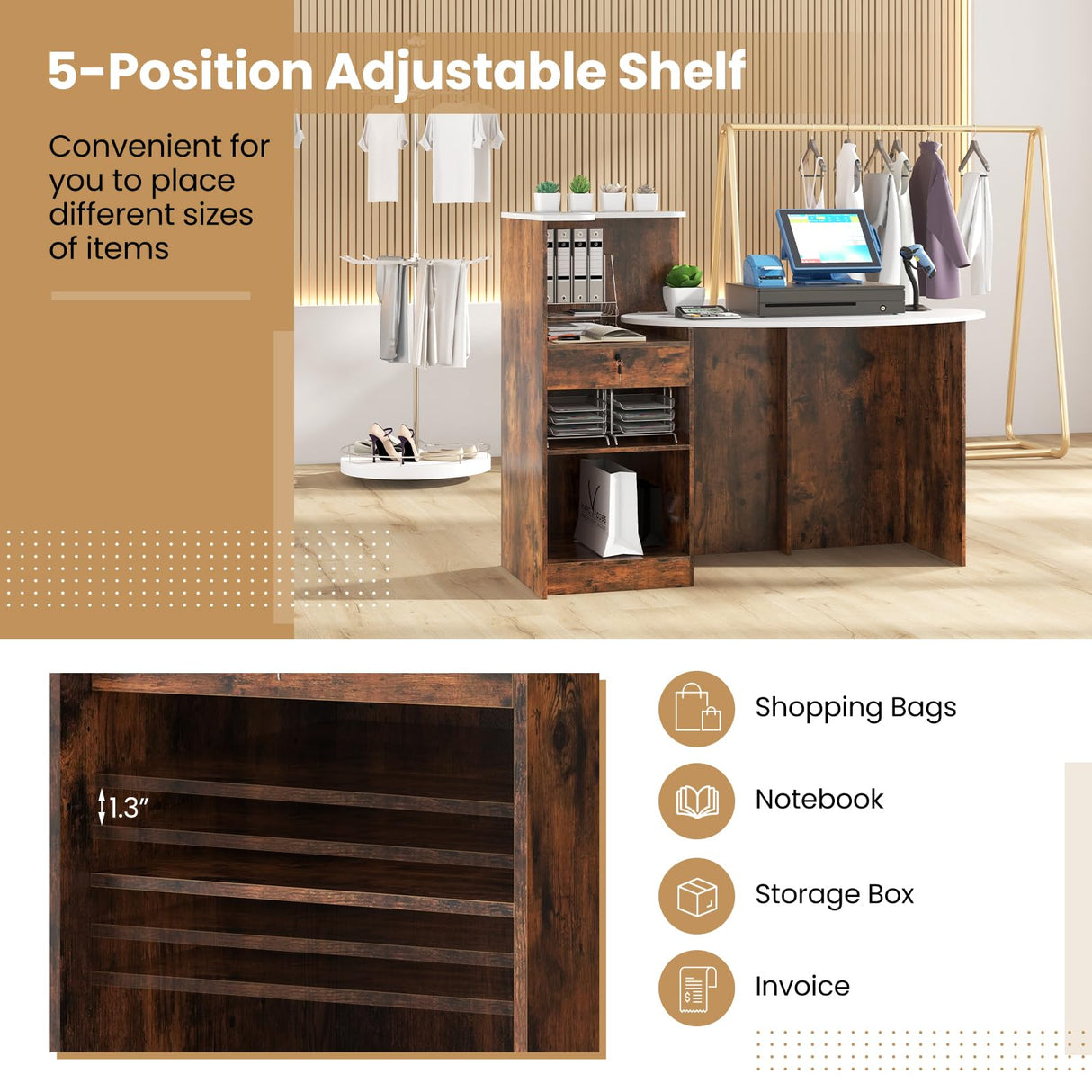 GOFLAME Reception Desk with Lockable Drawer & Adjustable Shelf, Front Counter with Oval Tabletop, Retail Register Stand, Office Computer Desk for Hotel, White + Rustic Brown GOFLAME