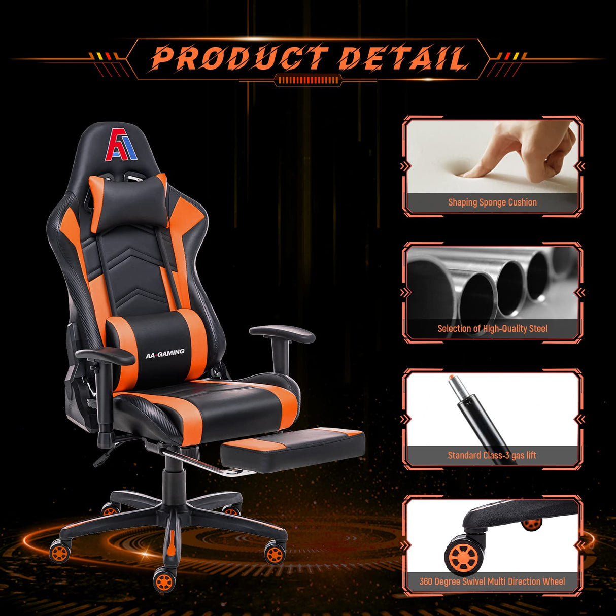 AA Products Gaming Chair Ergonomic High Back Computer Racing Chair Adjustable Office Chair with Footrest, Lumbar Support Swivel Chair - BlackOrange AA Products Inc.