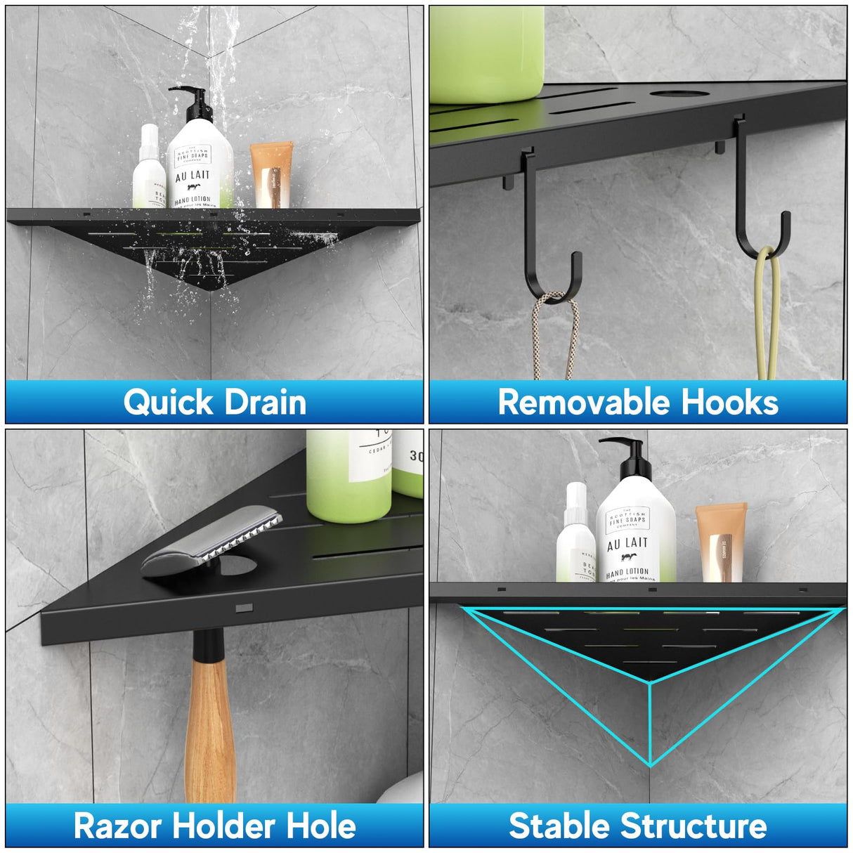 SZWQILIN Corner Shower Shelves, 10" Matte Black 304 Stainless Steel Recessed Shelf for Bathroom,Grout in Shelf with Hooks for Tiled Wall 2 Pack (Black) SZWQILIN