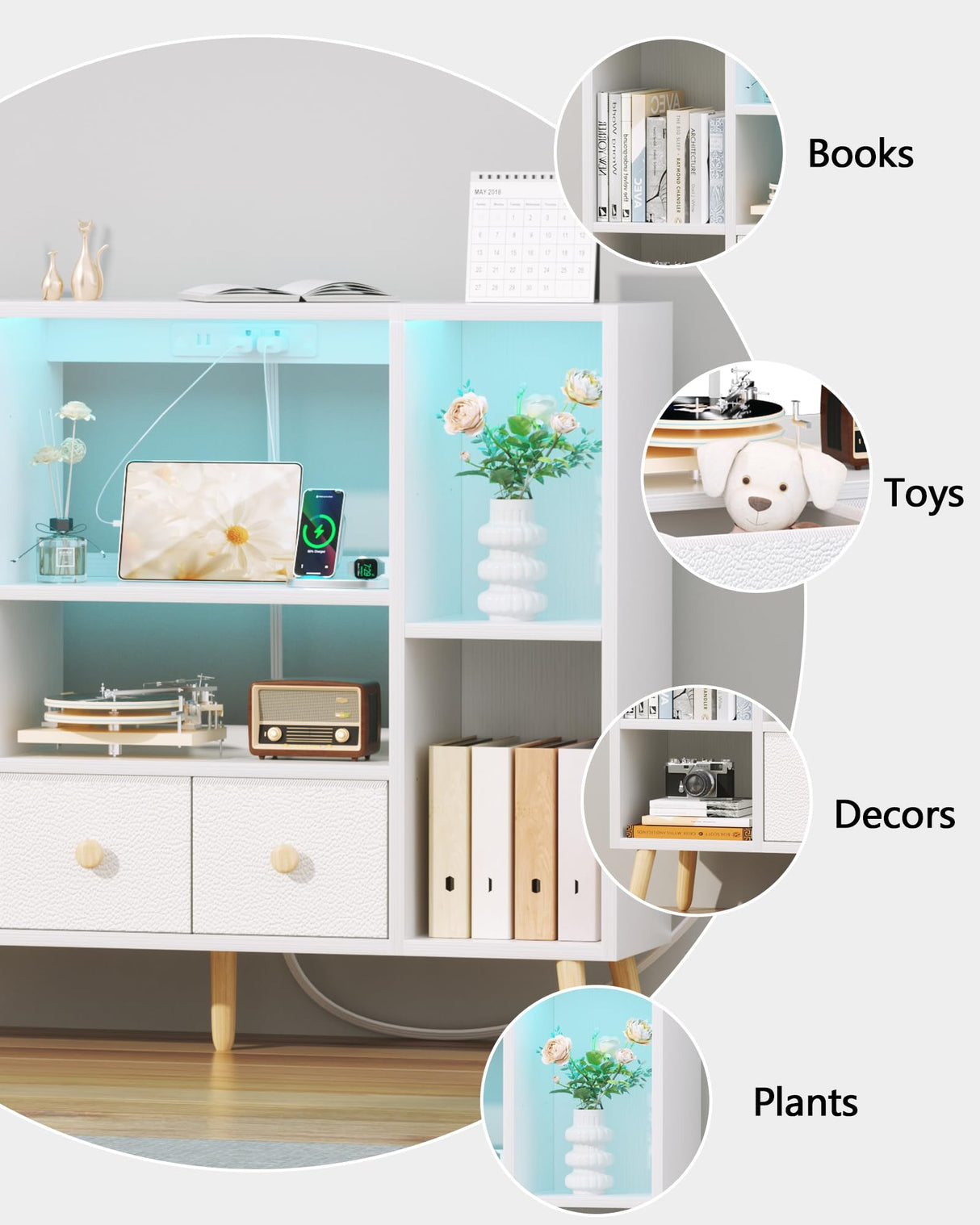 Furologee White Cube Shelf with 2 Drawers, 42inch Triple Wide Bookshelf with Power Outlets and LED Lights, 4-Tier Wood Bookcase Freestanding with Legs, Large 8 Cube Organizer for Bedroom, Living Room Furologee