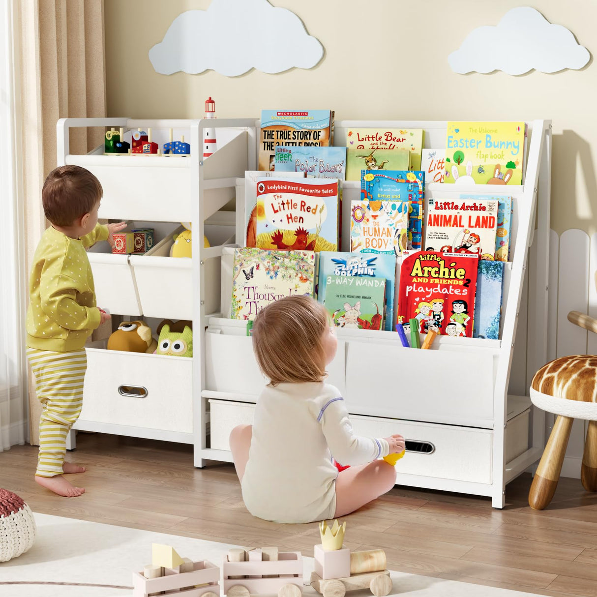 KIDINIX 3 Tier Kids Bookshelf and Toy Storage - Sling Book Shelf with Toy Organizer, Montessori Toddler Bookcase with 6 Toy Bins, for Playroom, Children Room, Nursery, Classroom, White KIDINIX