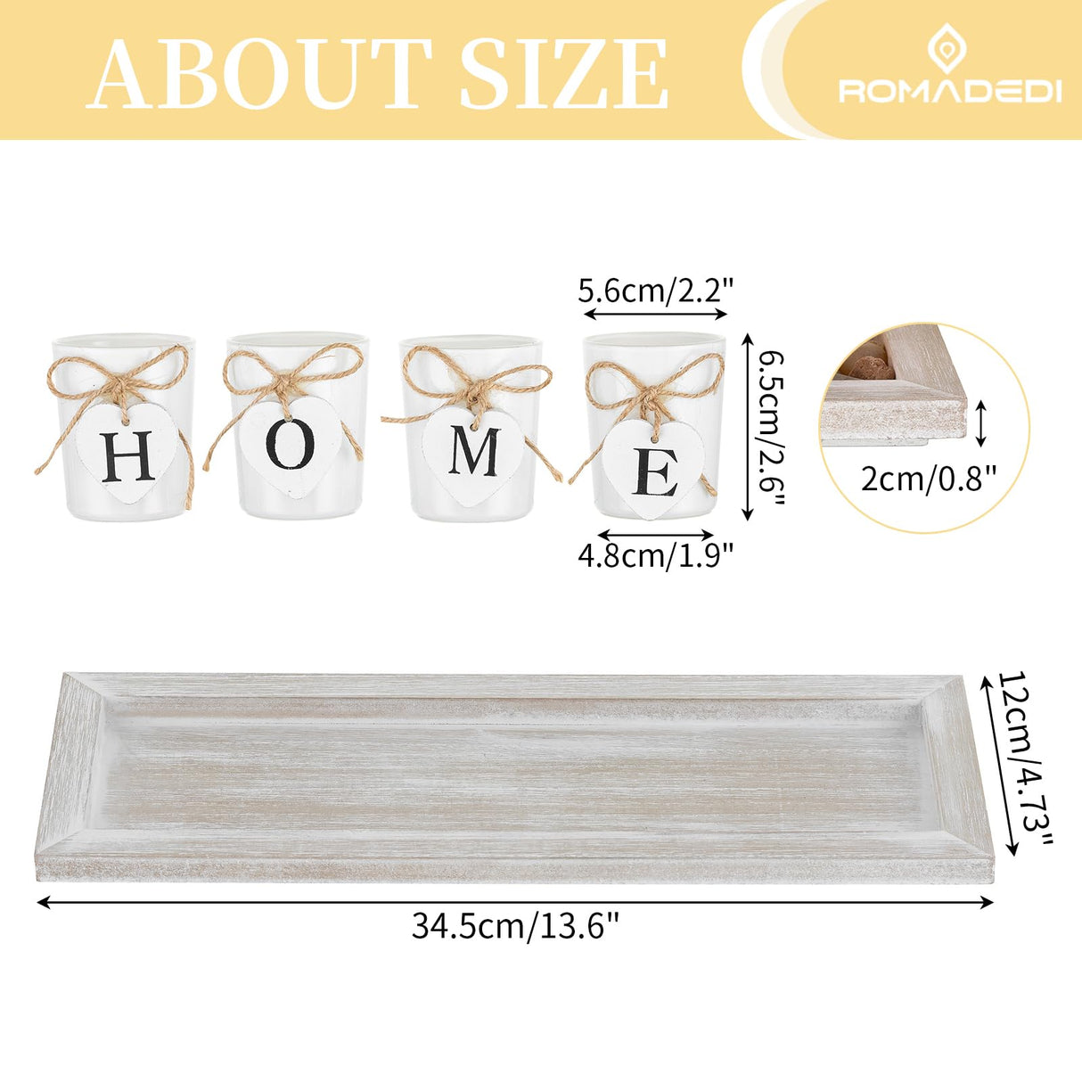 Romadedi Farmhouse Centerpiece Candle Holder Decor - Rustic Wooden Tray with 4 Glass Tealight Candles Holders for Coffee Table Home Decorations Living Room Fireplace Kitchen Housewarming Gifts Romadedi