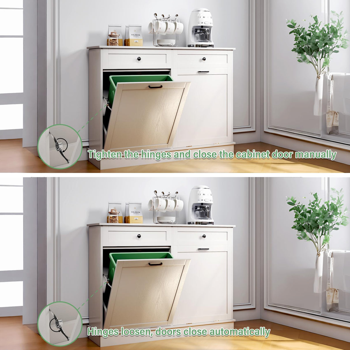 TC-HOMENY Double Tilt Out Trash Cabinet with Drawer, 20 Gallon Trash Cabinet Manual and Auto Mode Shutdown, Recycling Free Standing Trash Cabinet Fit for Kitchen, Living Room TC-HOMENY