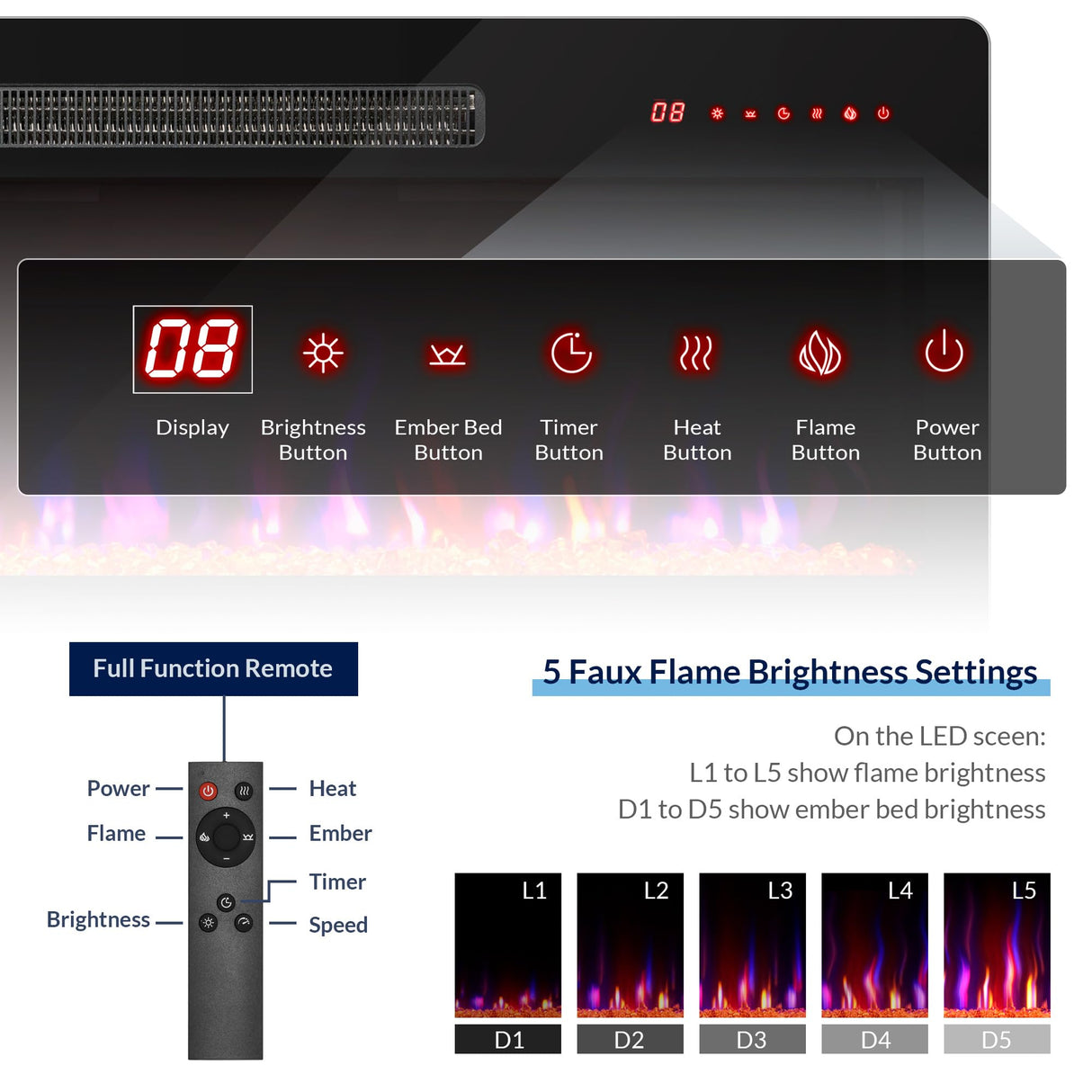 BELLEZE 42" Electric Fireplace Heater, 1400 W Recessed & Wall Mounted Electric Fireplace with Remote Control, Heater with Adjustable Flame Color and Brightness, Timer, Touch Screen BELLEZE