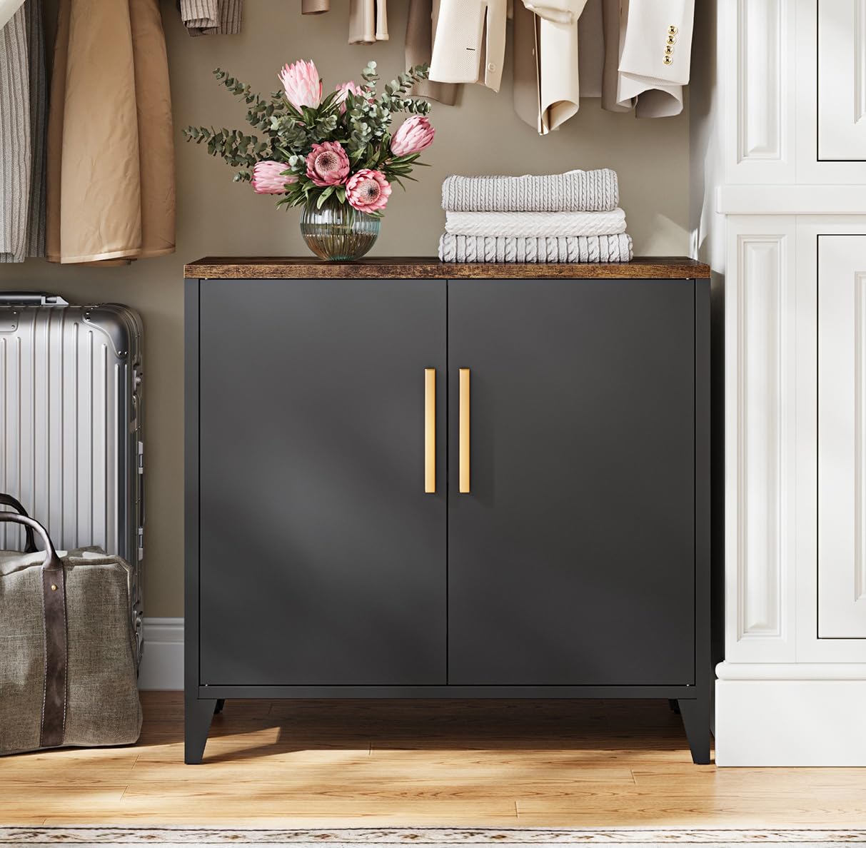 Letaya Storage Cabinet with 2 Doors,Metal Small Buffet Sideboard Cabinet for Entryway, Kitchen, White (Black) Letaya