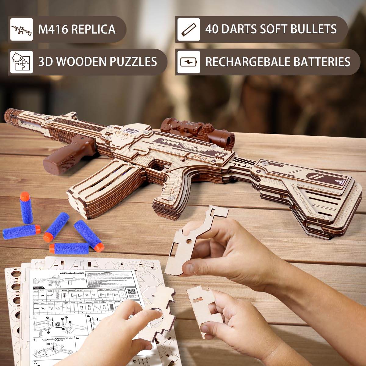 VATOS Wooden Gun Puzzles, 3D Wooden Puzzles Gun for Adult with Foam Soft Bullet, Electric Wooden M416 Model Rifle Puzzle Toy Guns, Wood Puzzles DIY Building Kits for Adult Christmas Birthday Gift VATOS