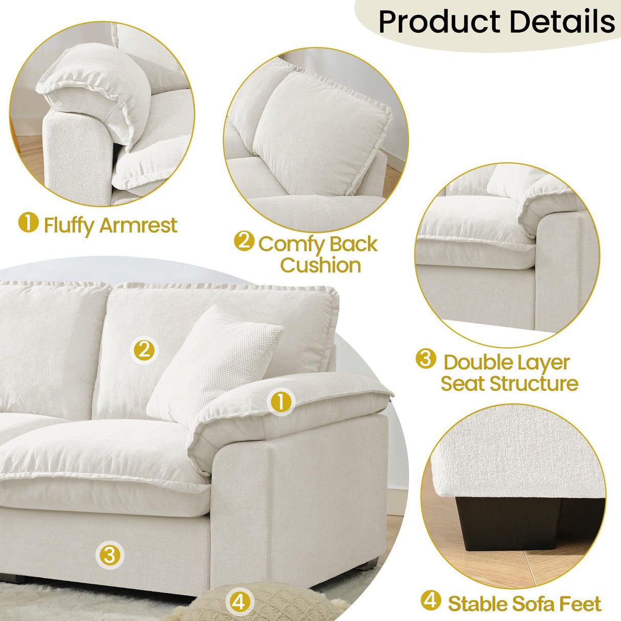HALLYBEE Modular Sectional Sofa Deep Seat Cloud Couch with Reversible Chaise L Shaped Couch with Padded Armrests Chenille White Sectional Couches for Living Room Apartment Office HALLYBEE